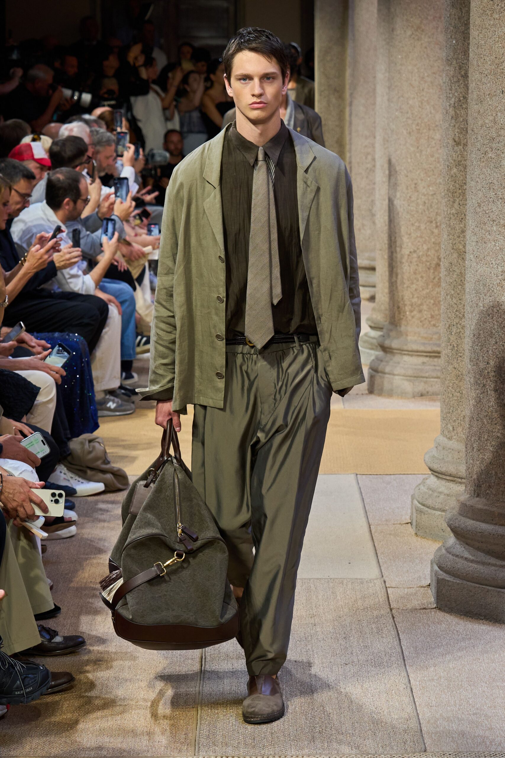 green relaxed suit with bag