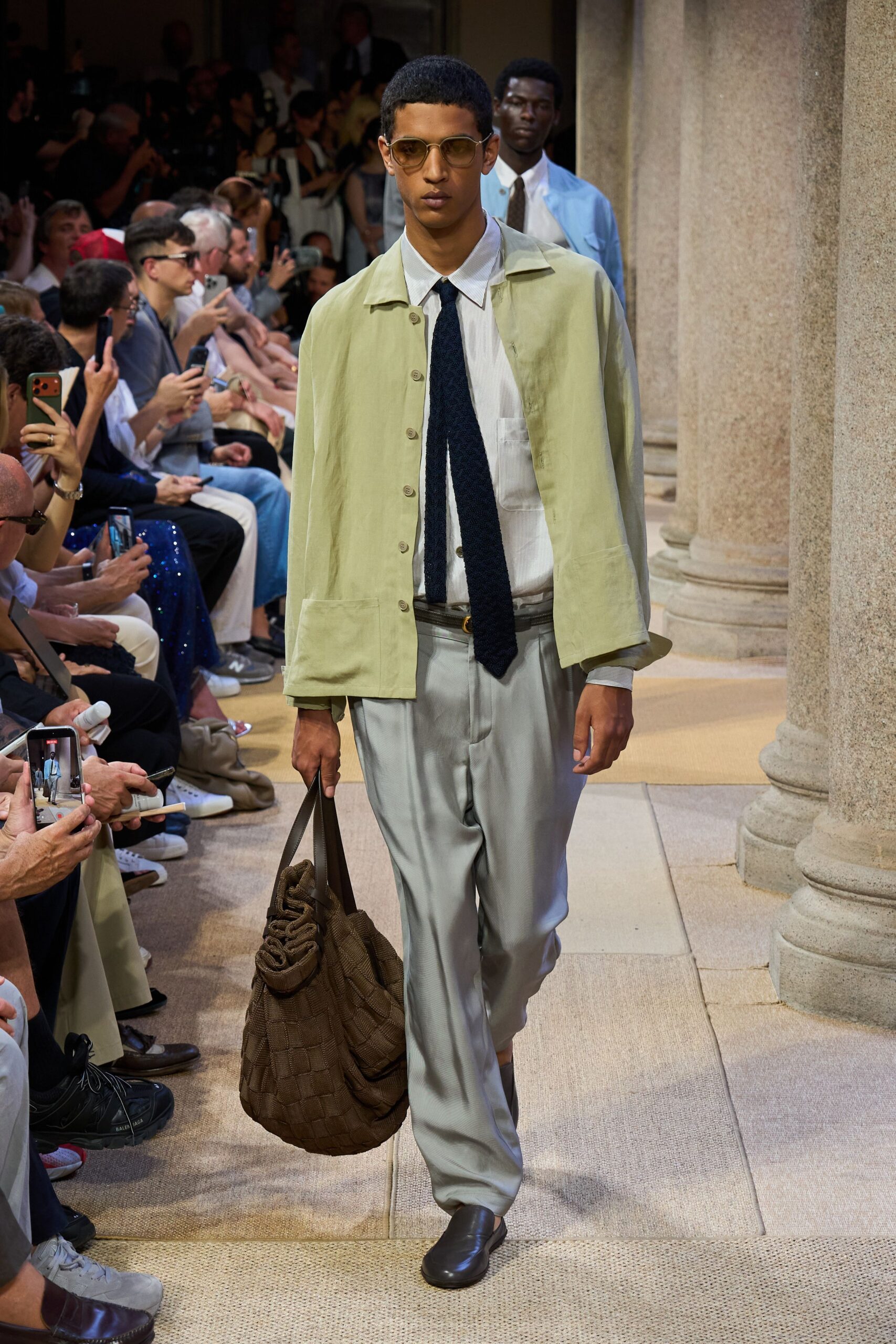 gray silk tailored straight-leg pants