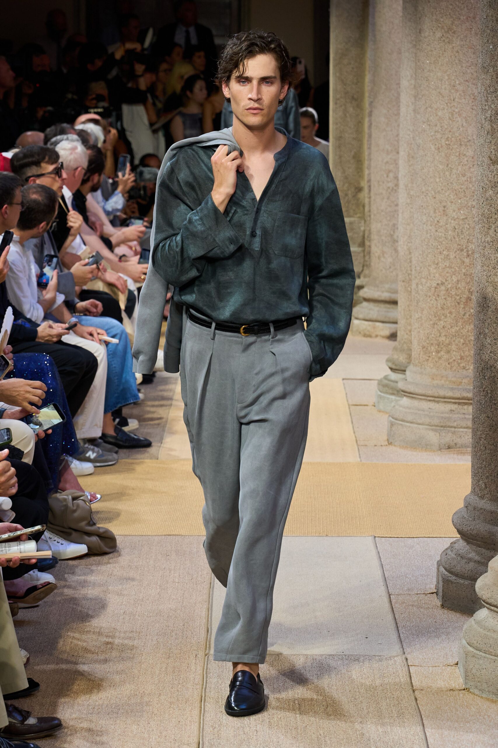 green relaxed shirt gray tailored pants