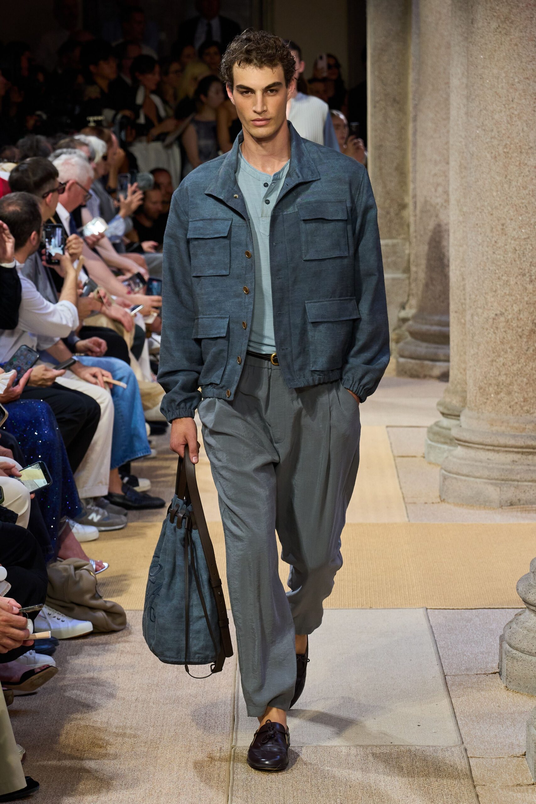 blue cotton jacket with gray pants