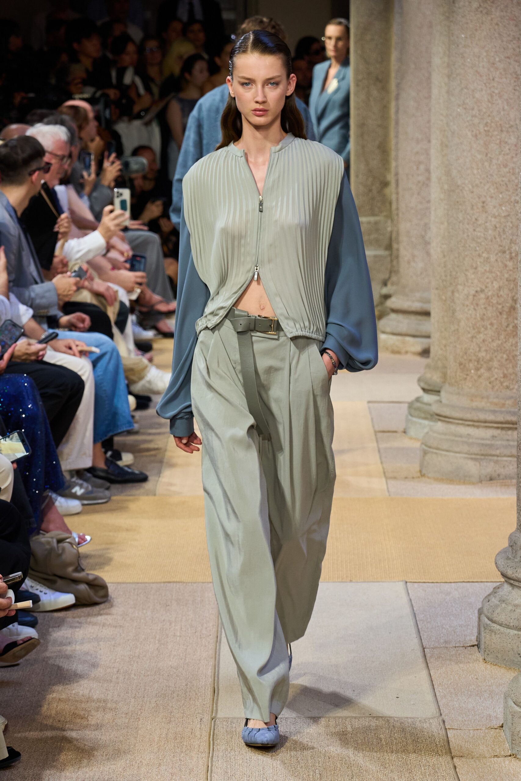 blue silk long-sleeve collared relaxed pleated jacket