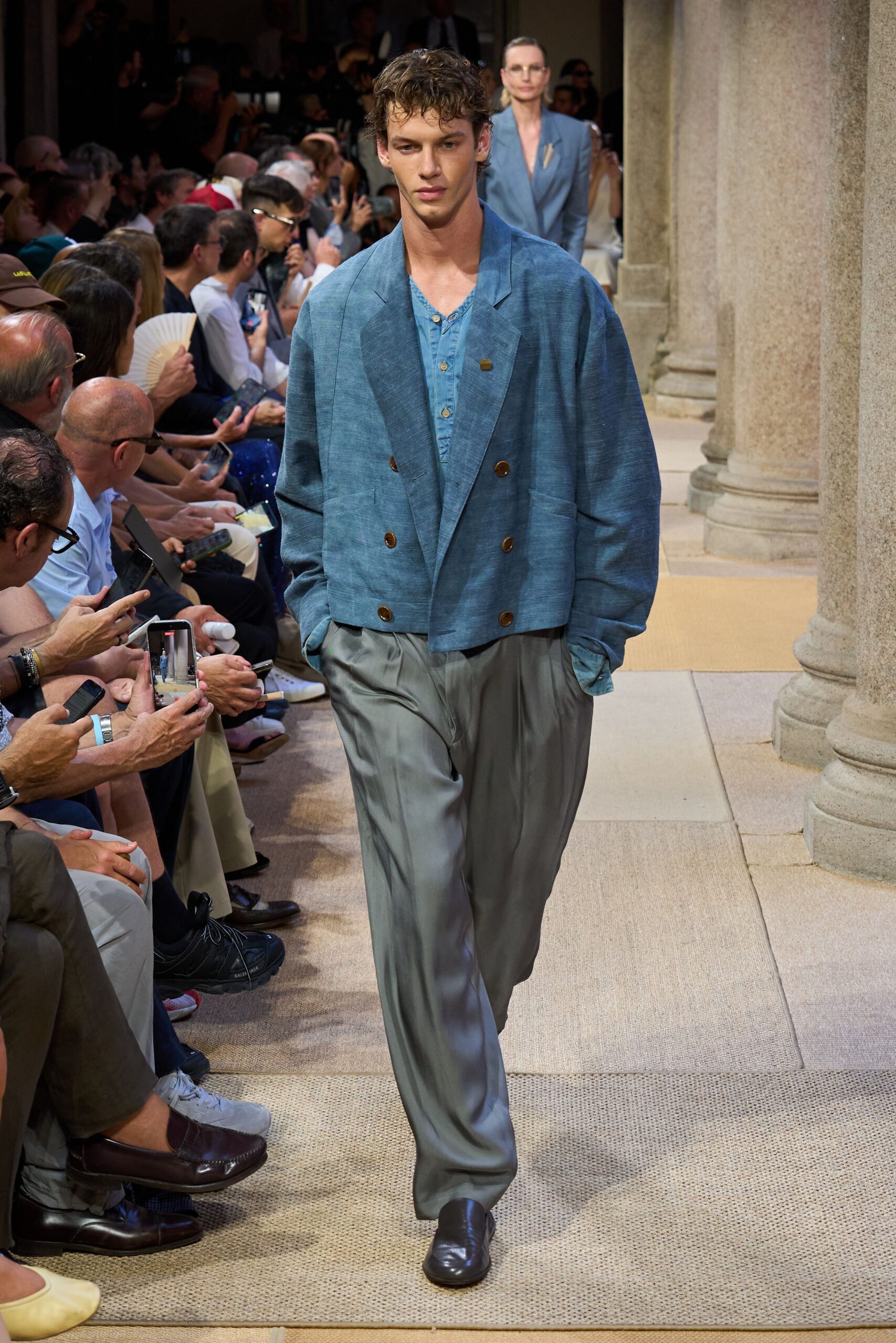 gray silk long-sleeve fitted pleated pants