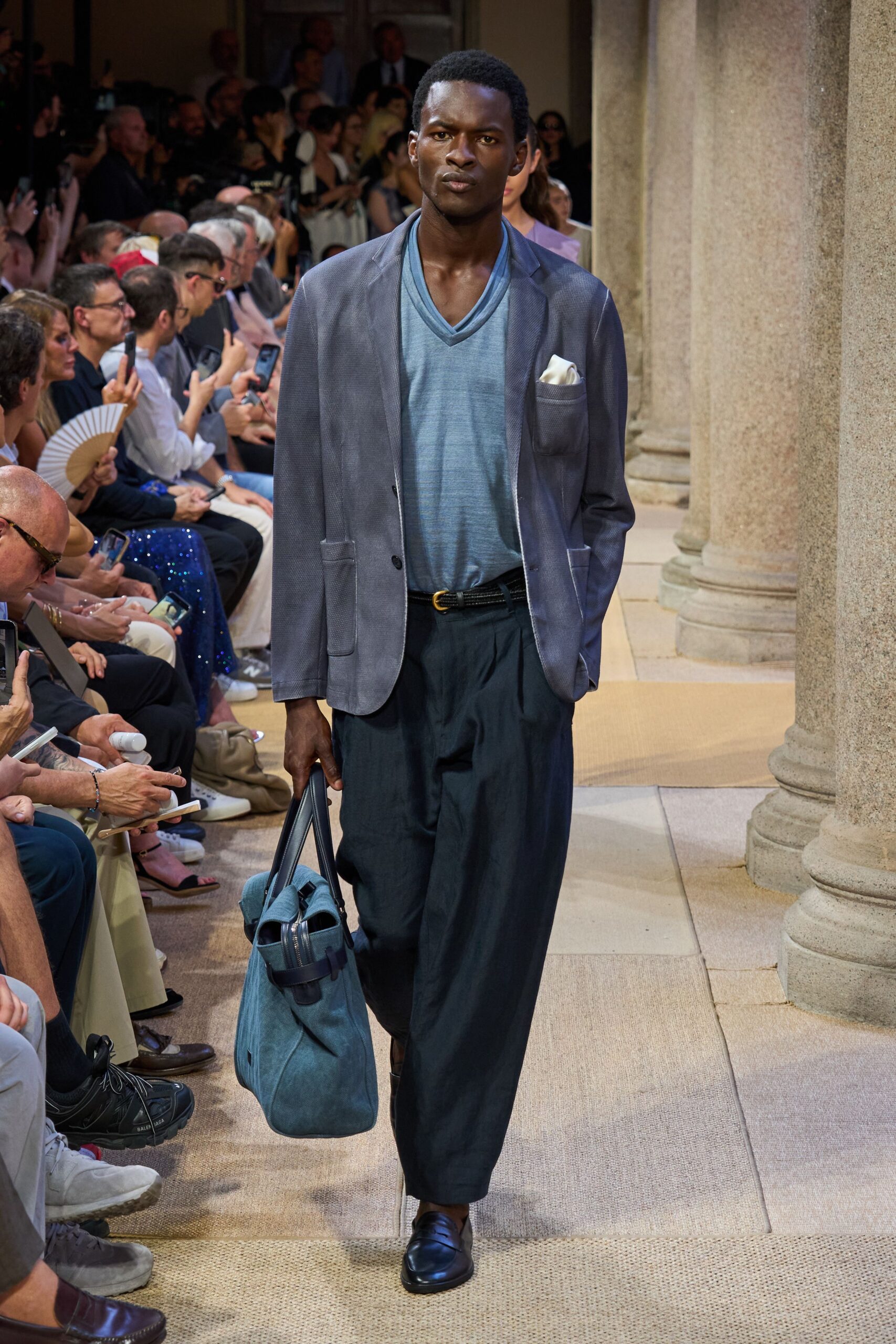 gray velvet blazer blue shirt