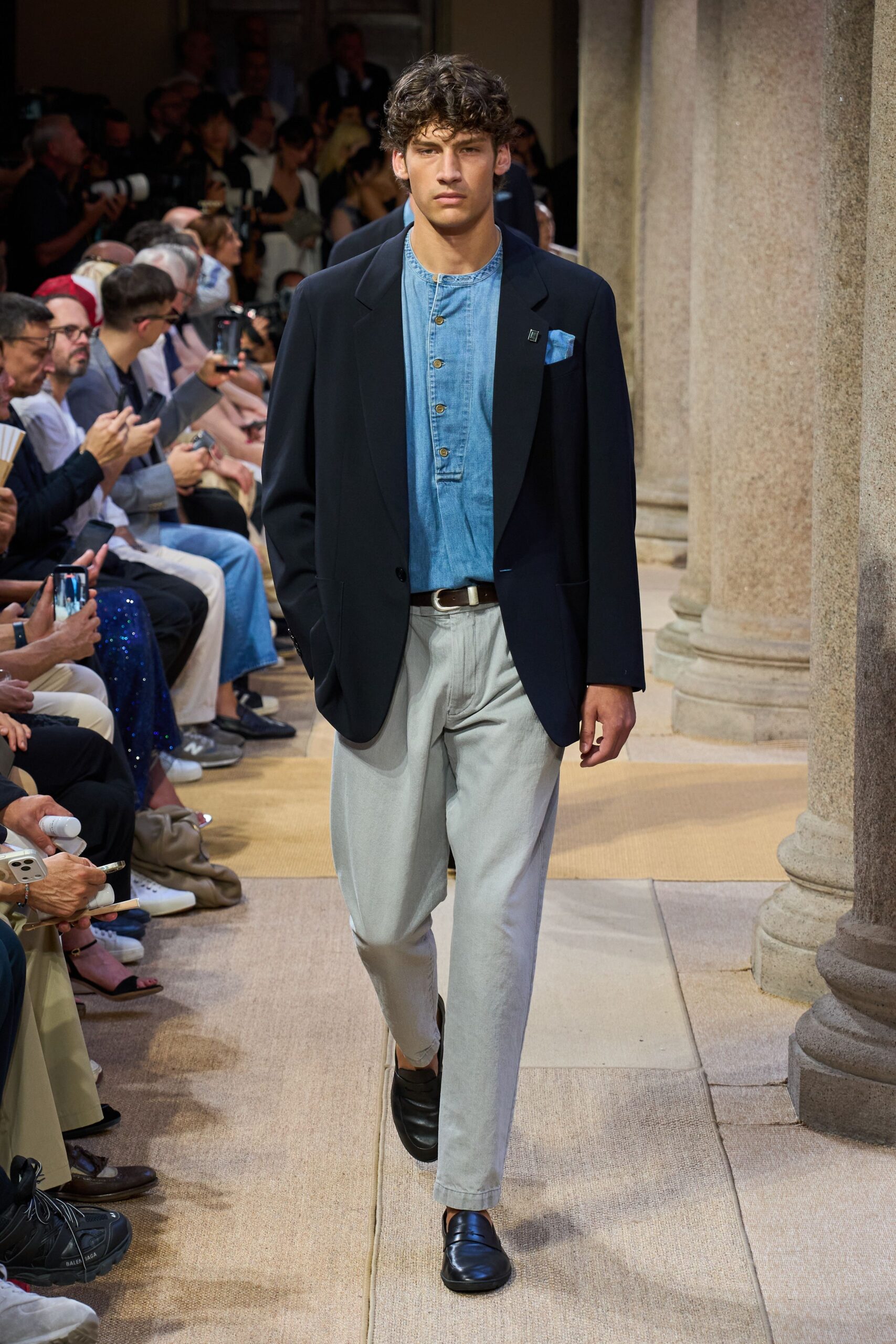 black blazer blue shirt gray pants