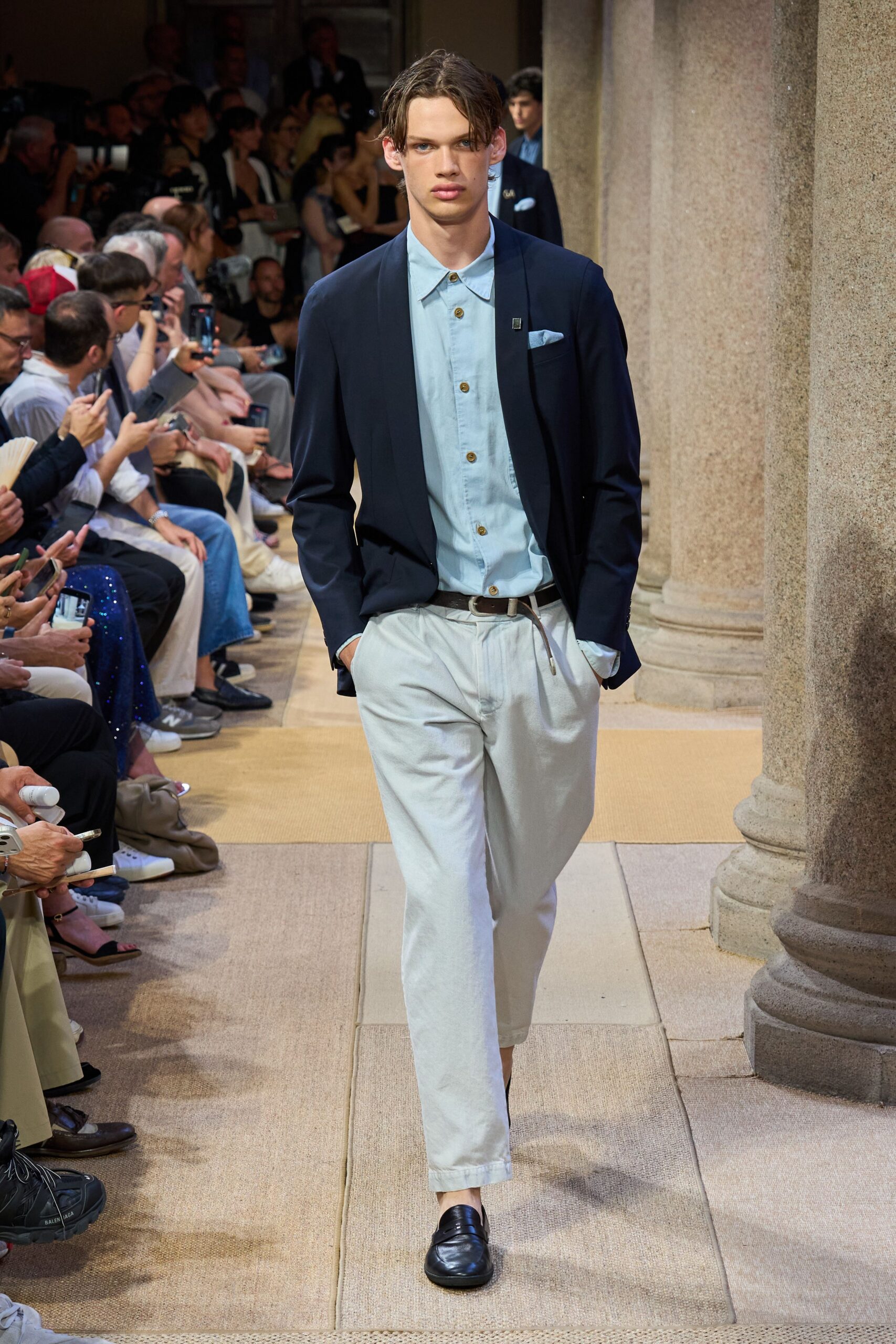navy blazer light blue shirt gray pants
