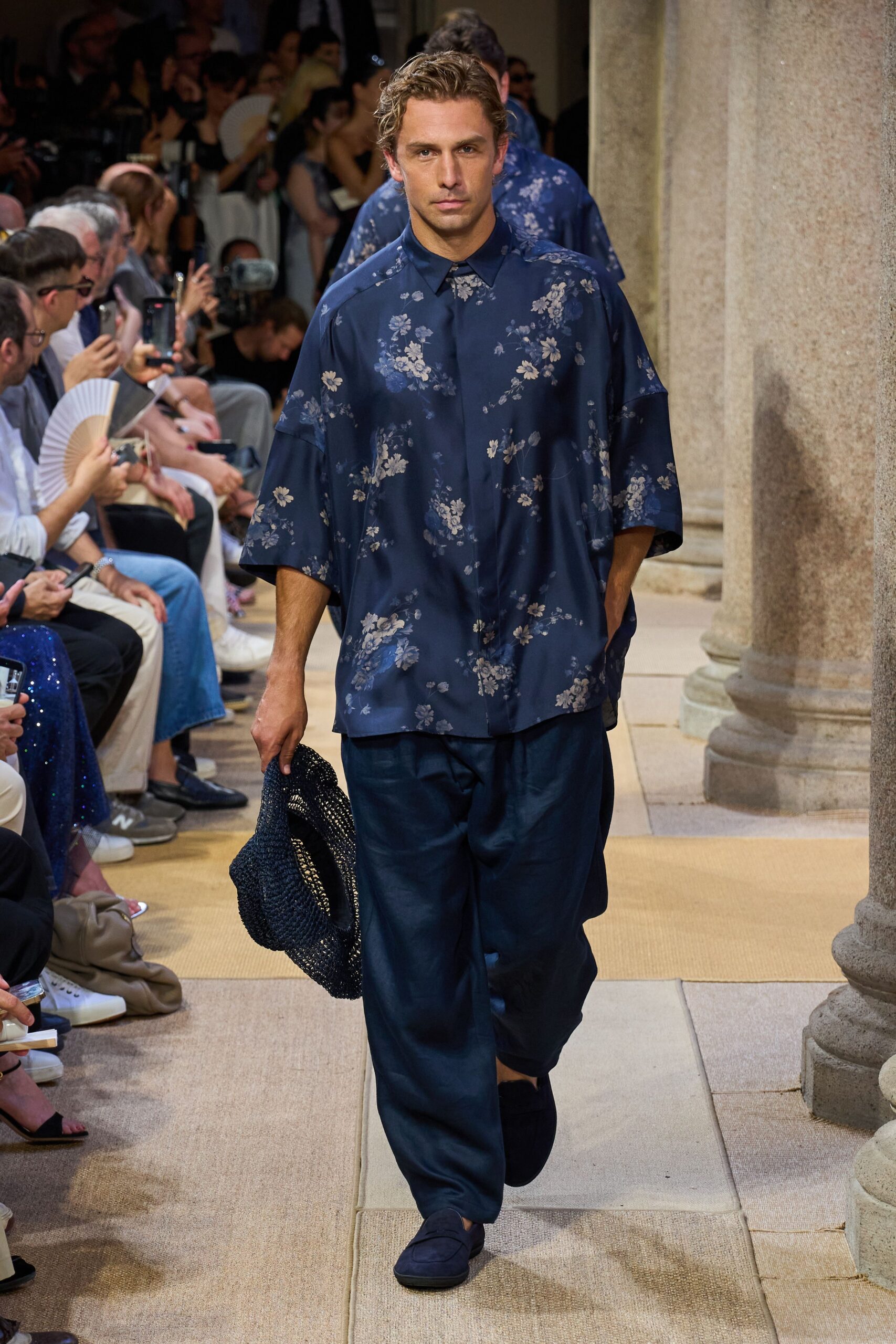 blue floral shirt with relaxed pants
