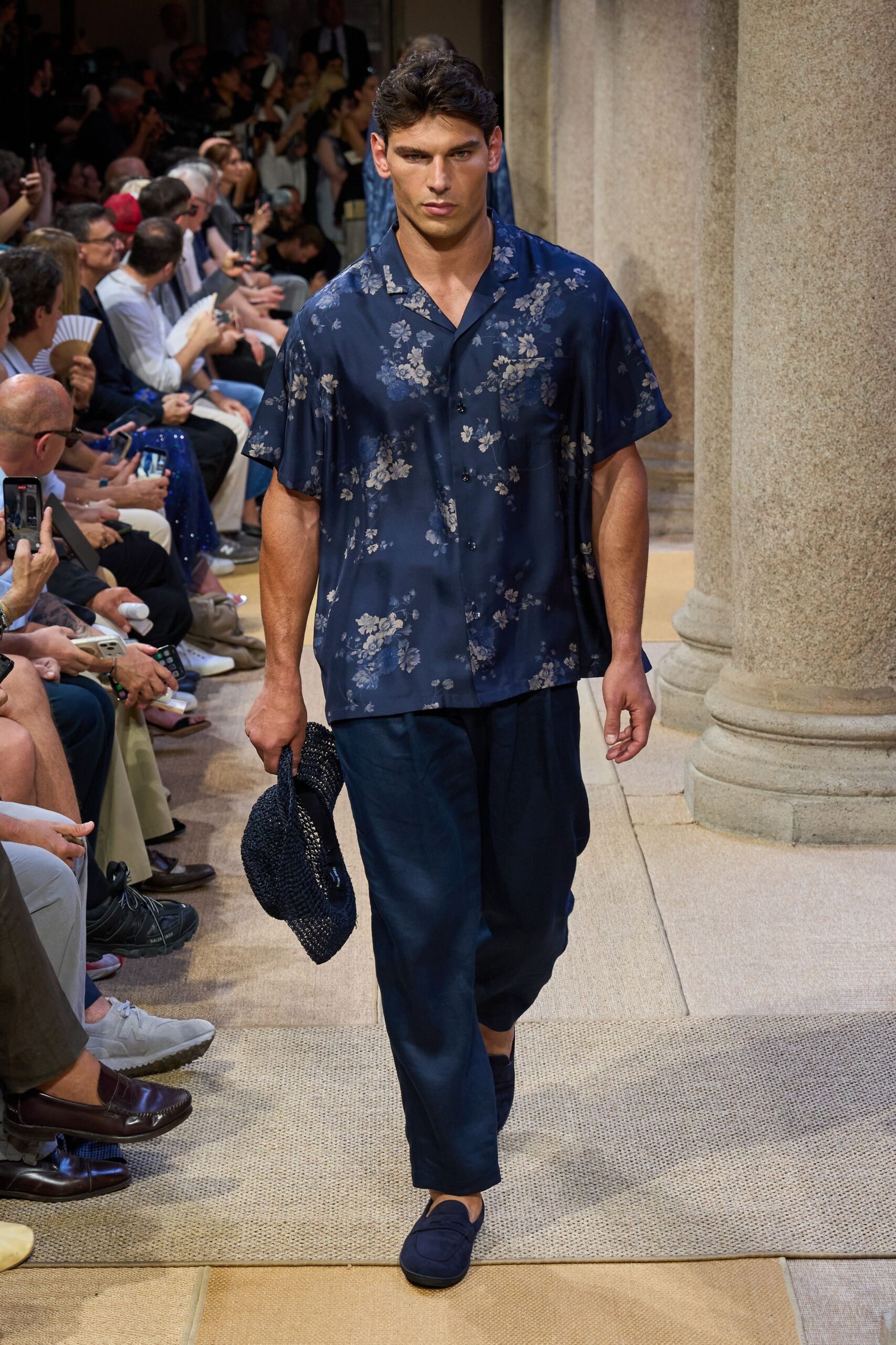 blue floral shirt and relaxed pants