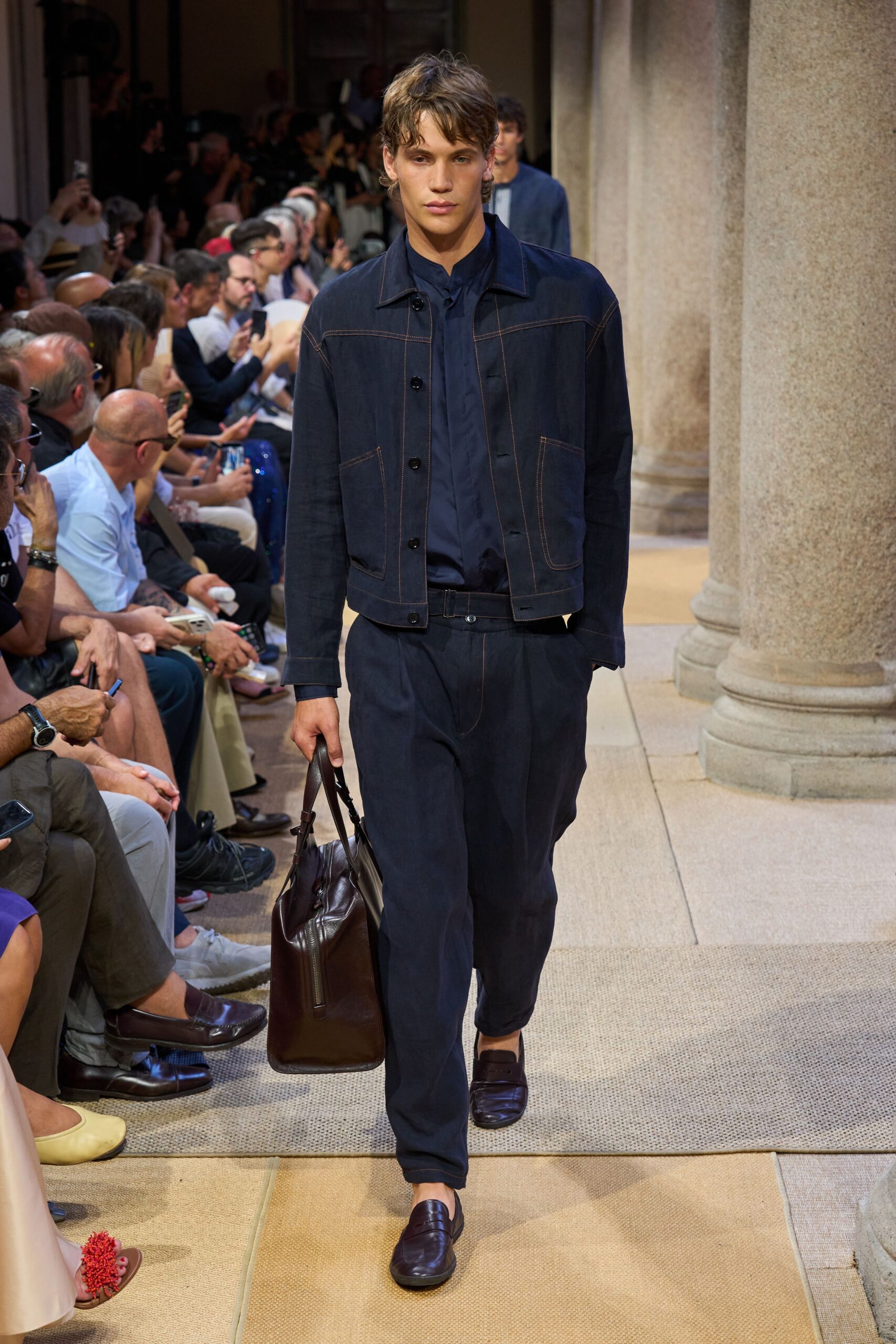 blue denim jacket with relaxed pants