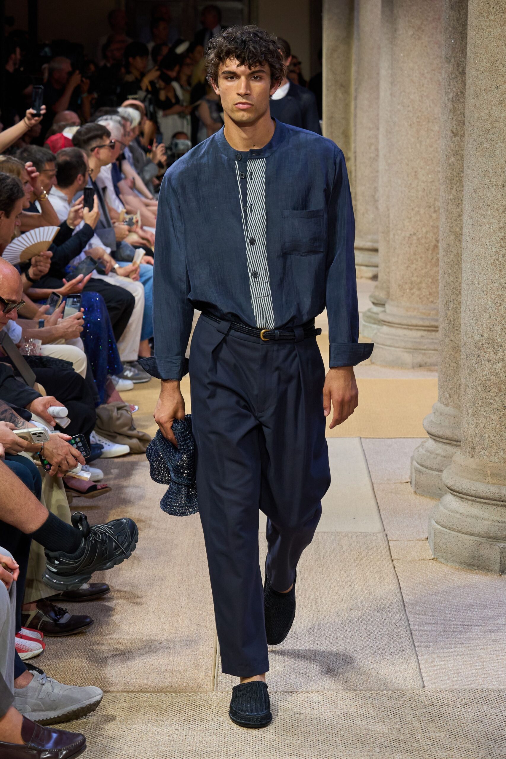 blue cotton shirt and navy pants