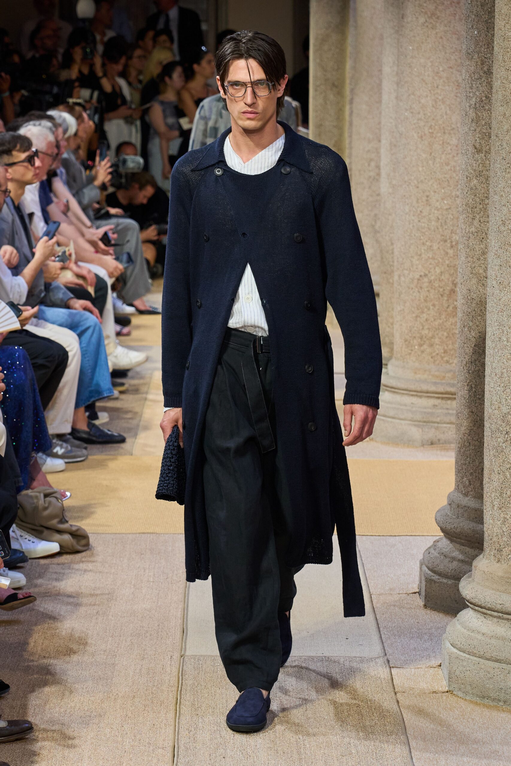 blue cotton long-sleeve collared relaxed buttoned coat