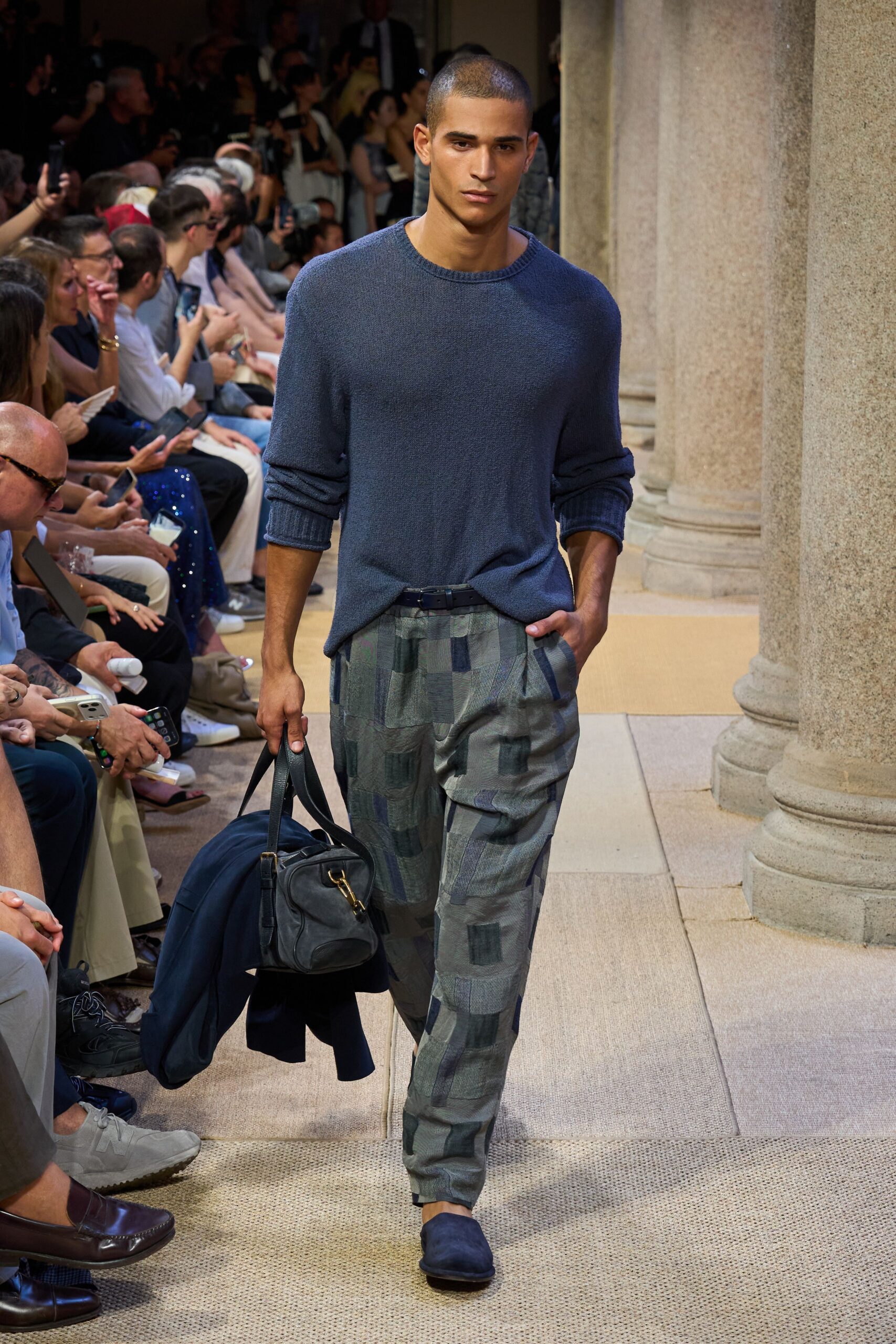blue relaxed sweater gray printed pants