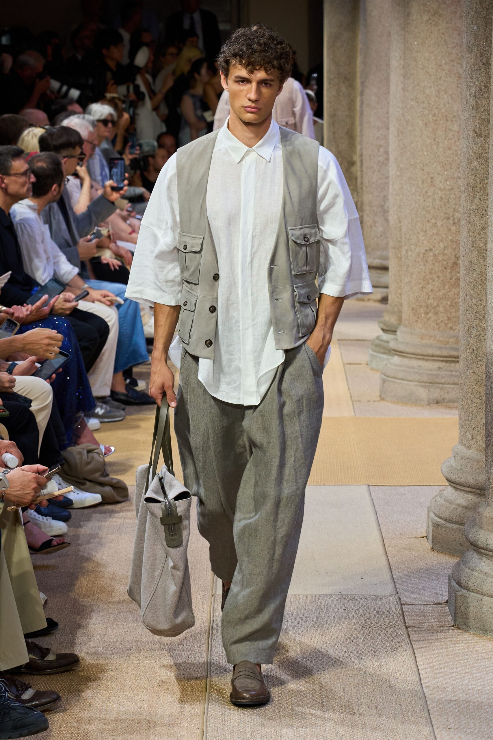 gray cotton vest with white shirt