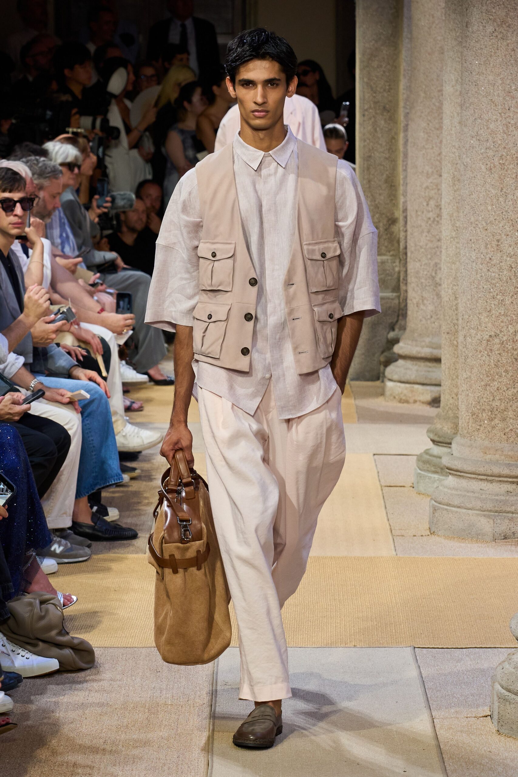 beige cotton vest with relaxed shirt
