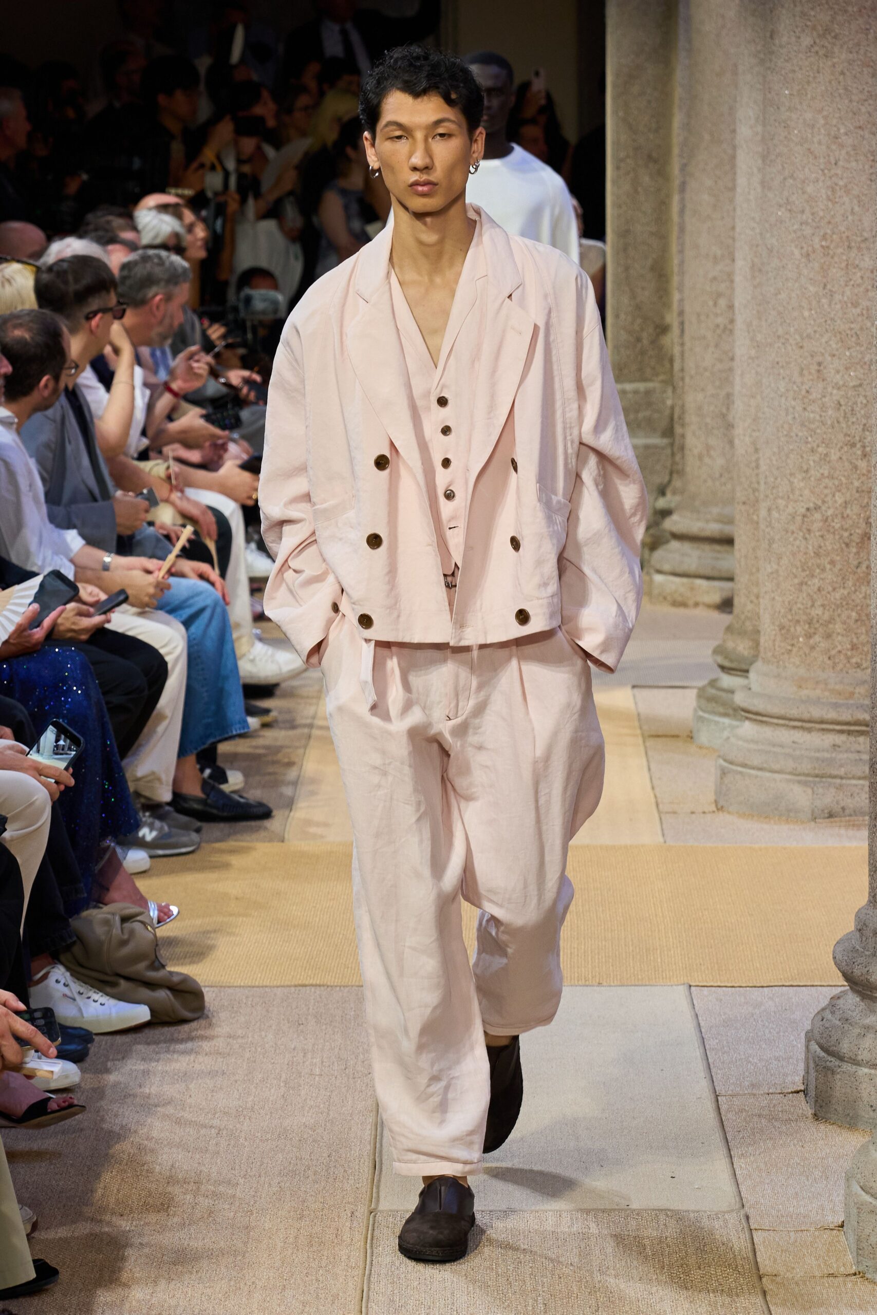 pink linen relaxed suit