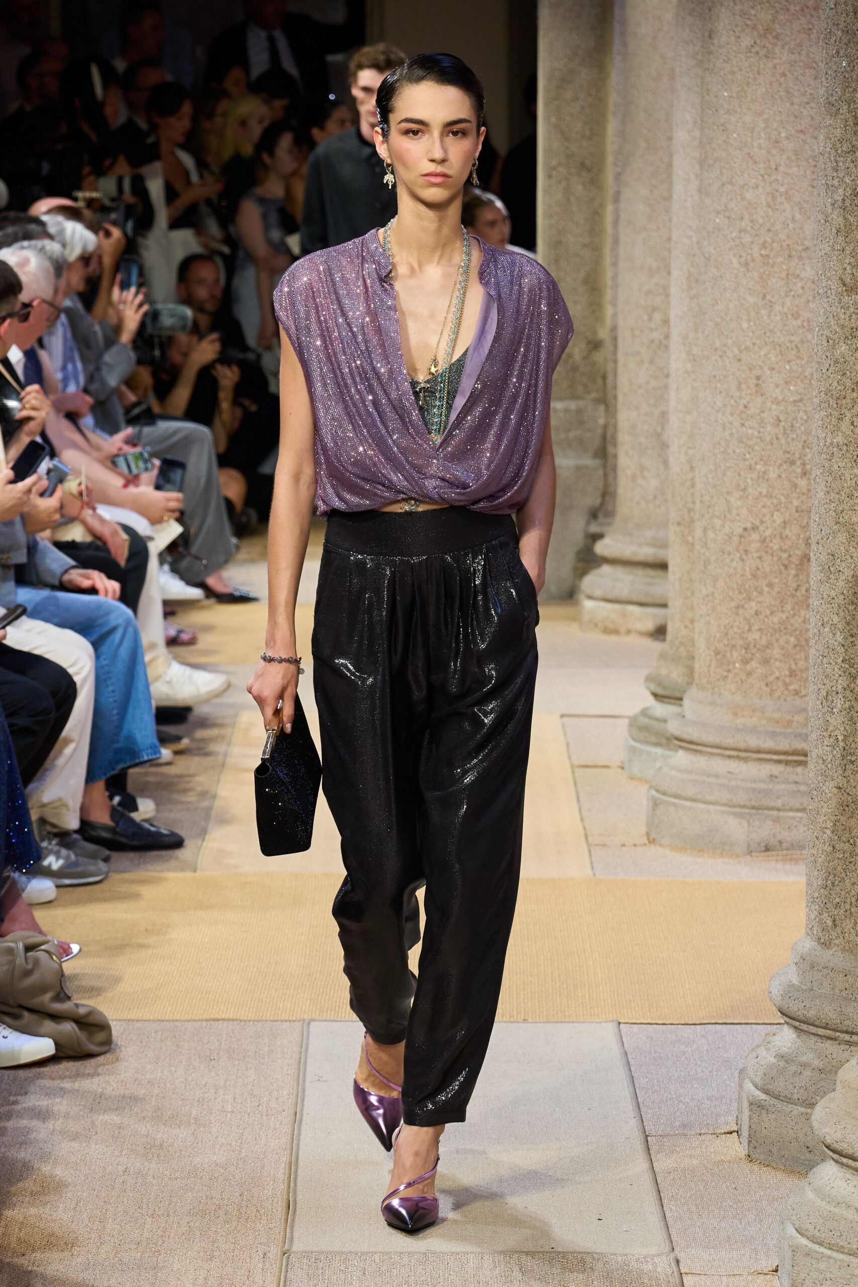 black silk fitted pleated wide-leg shiny pants
