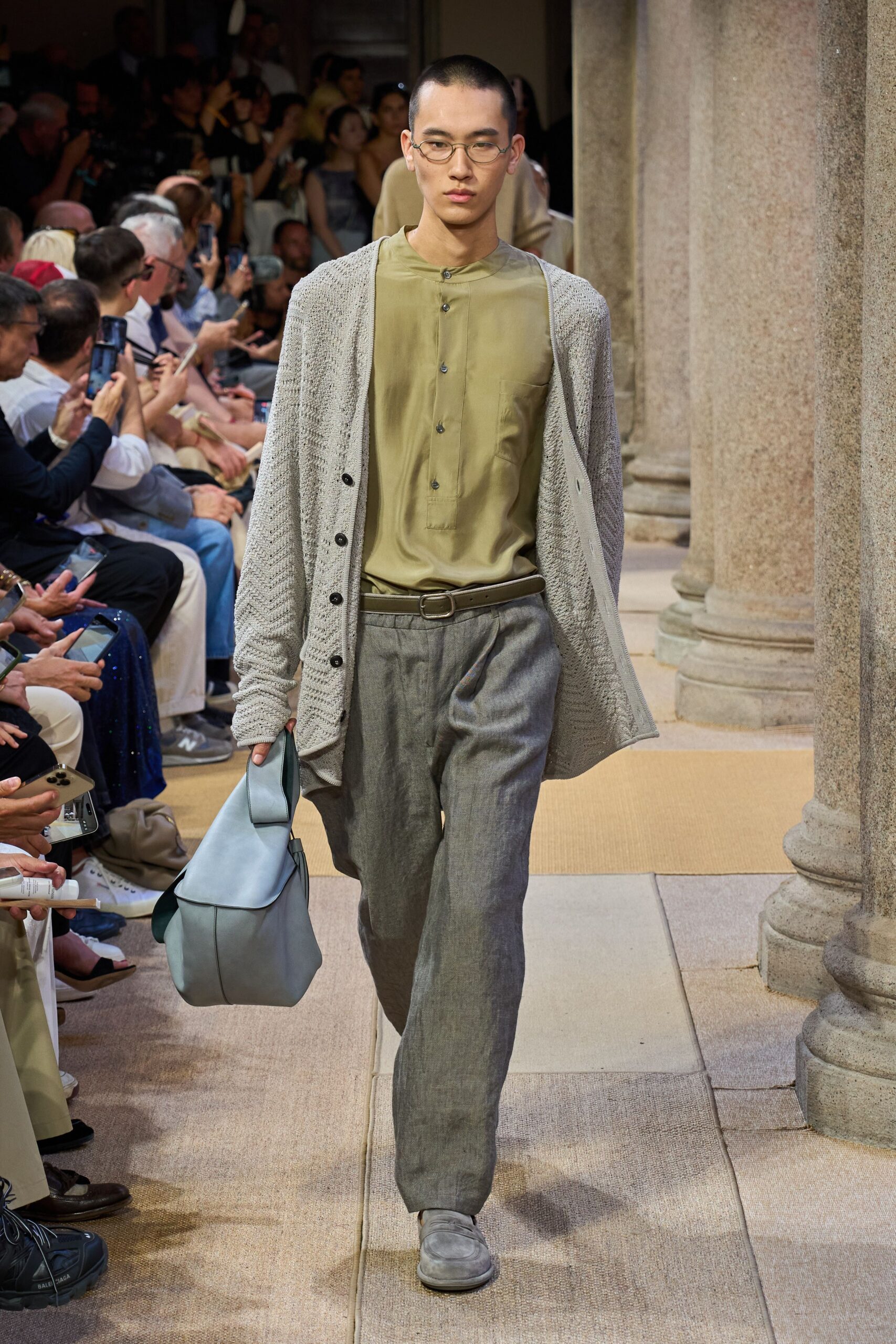 gray cardigan beige shirt relaxed pants