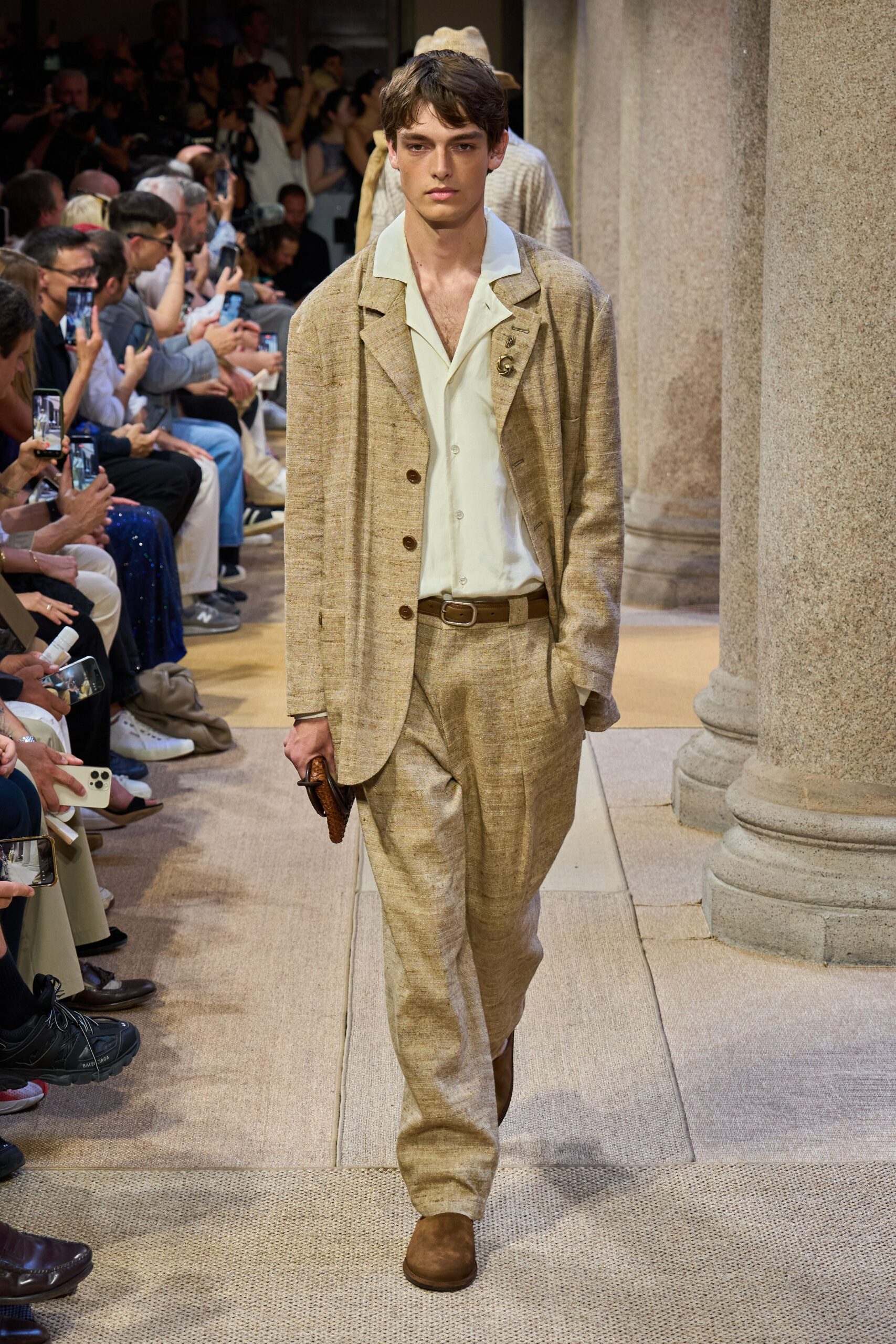 beige linen tailored suit