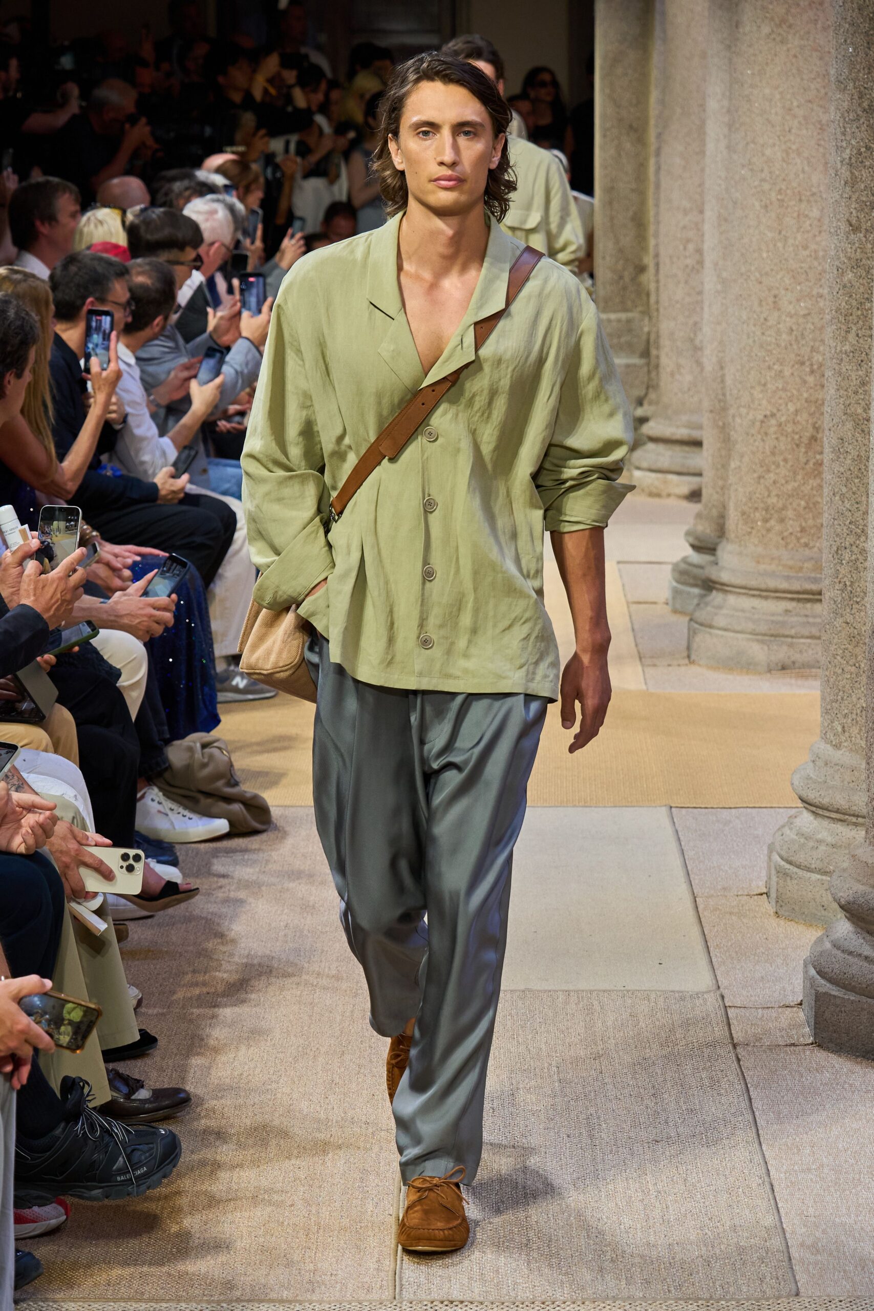 gray silk relaxed straight-leg pants