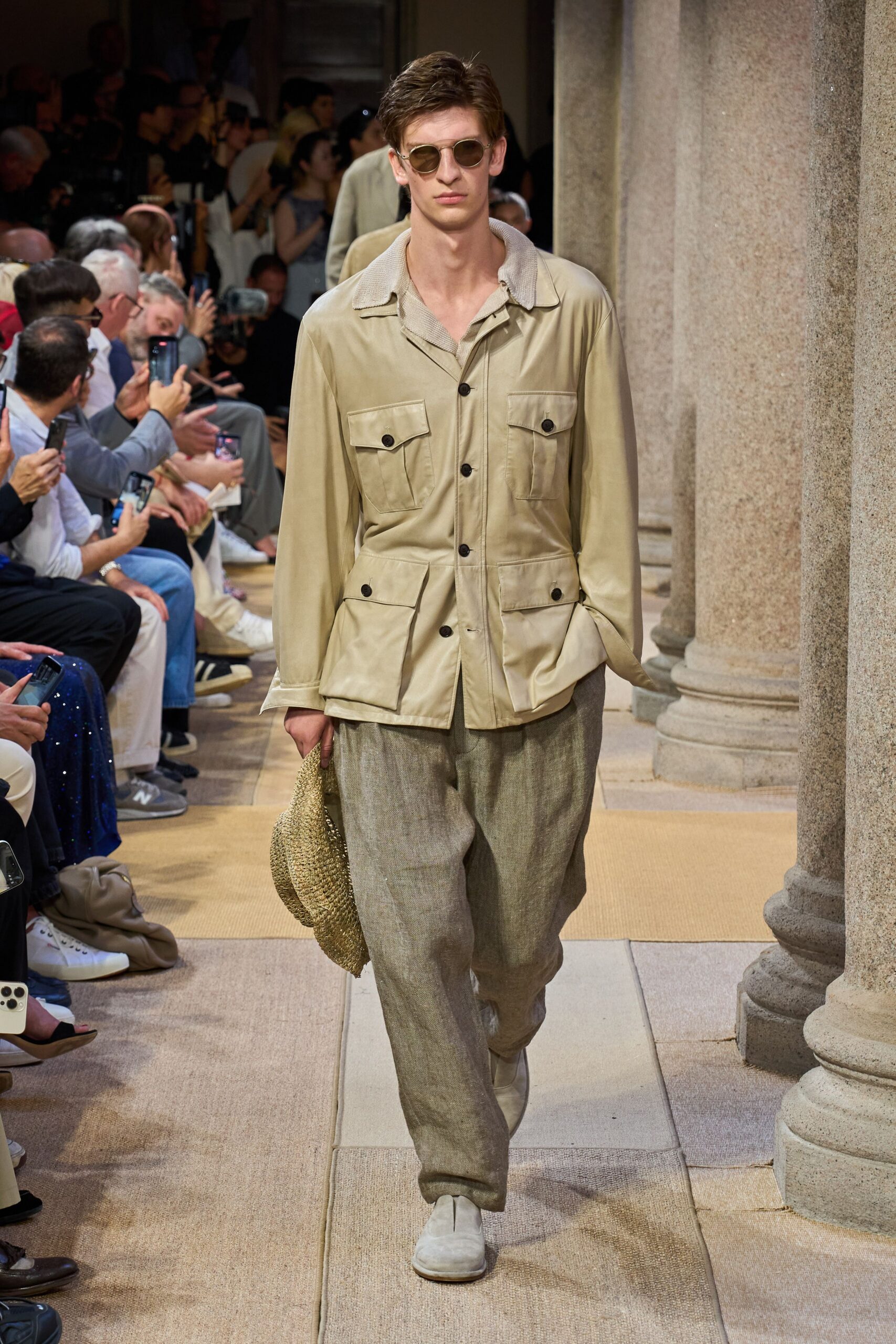 beige relaxed jacket with gray pants