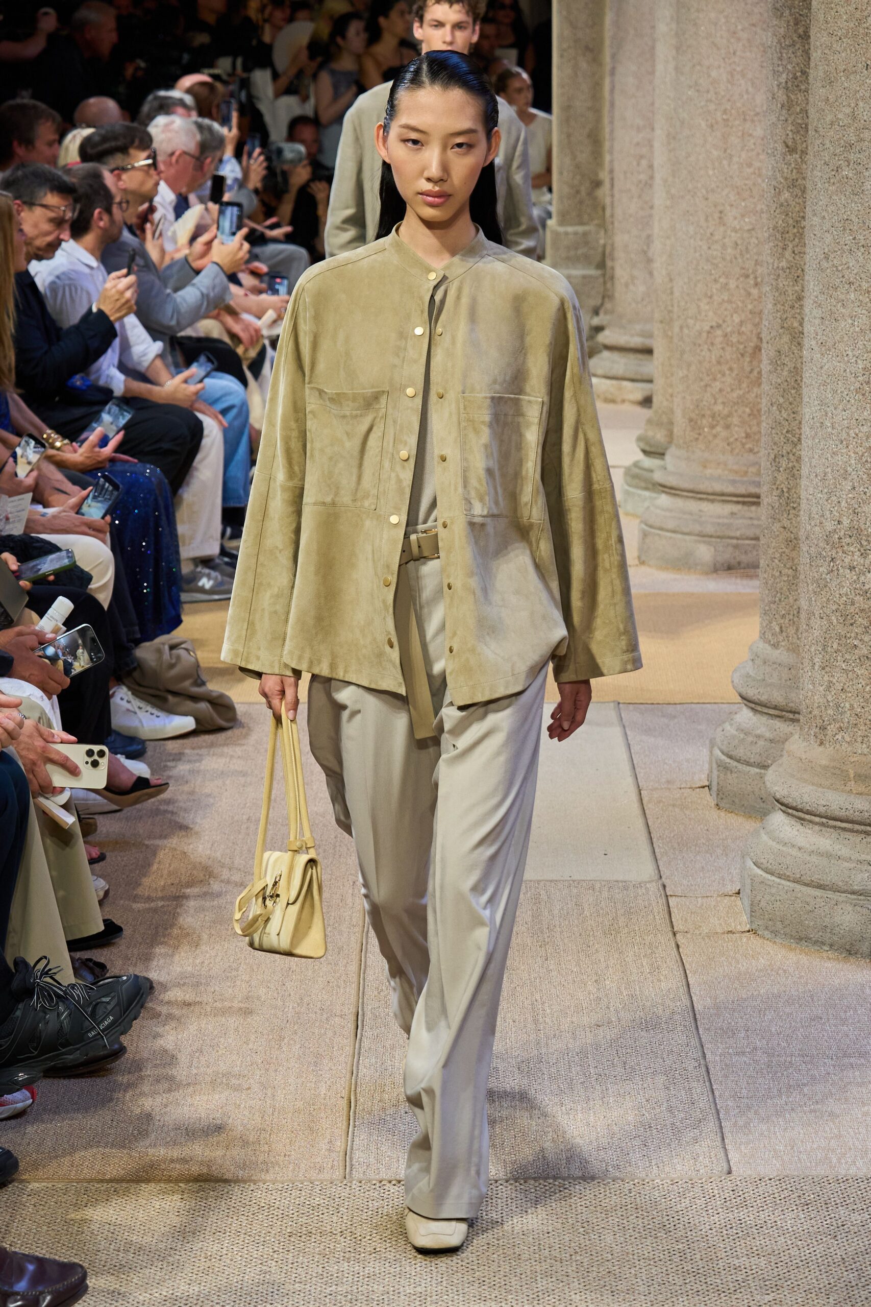 beige suede jacket with relaxed pants