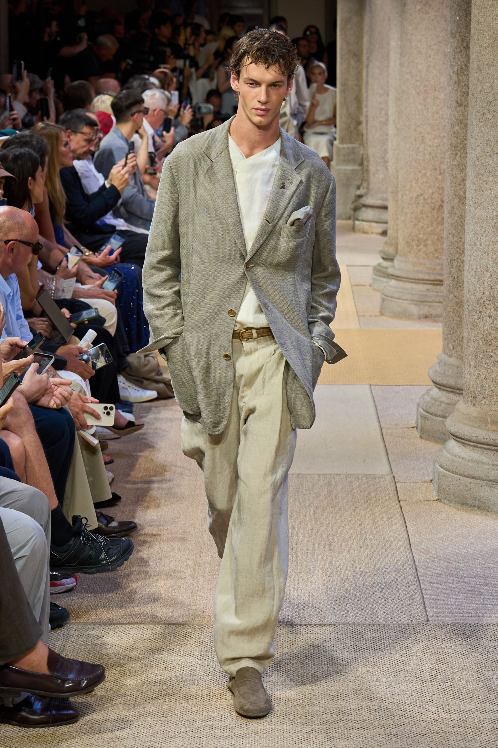 beige linen suit with brown shoes