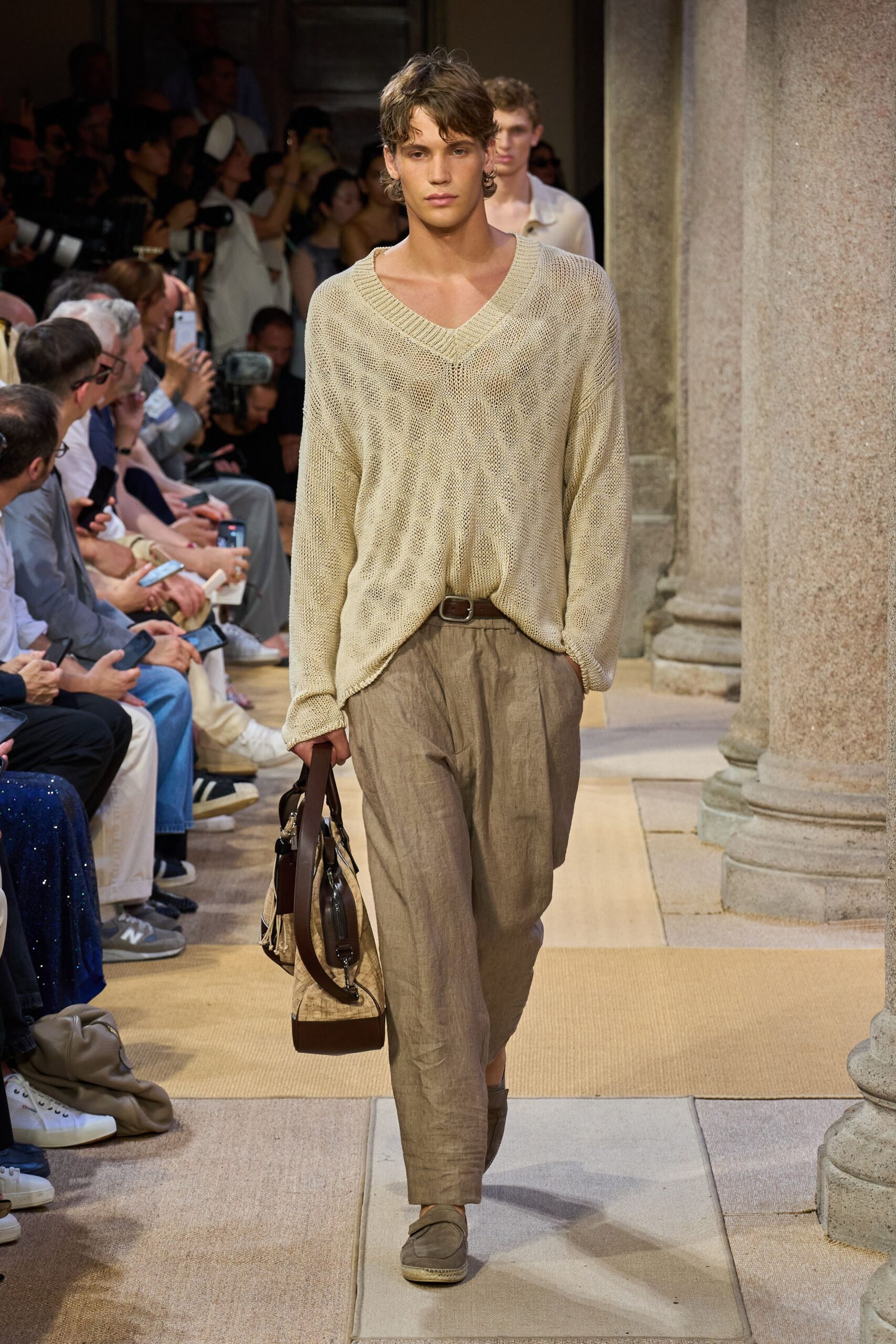 beige relaxed sweater with brown pants