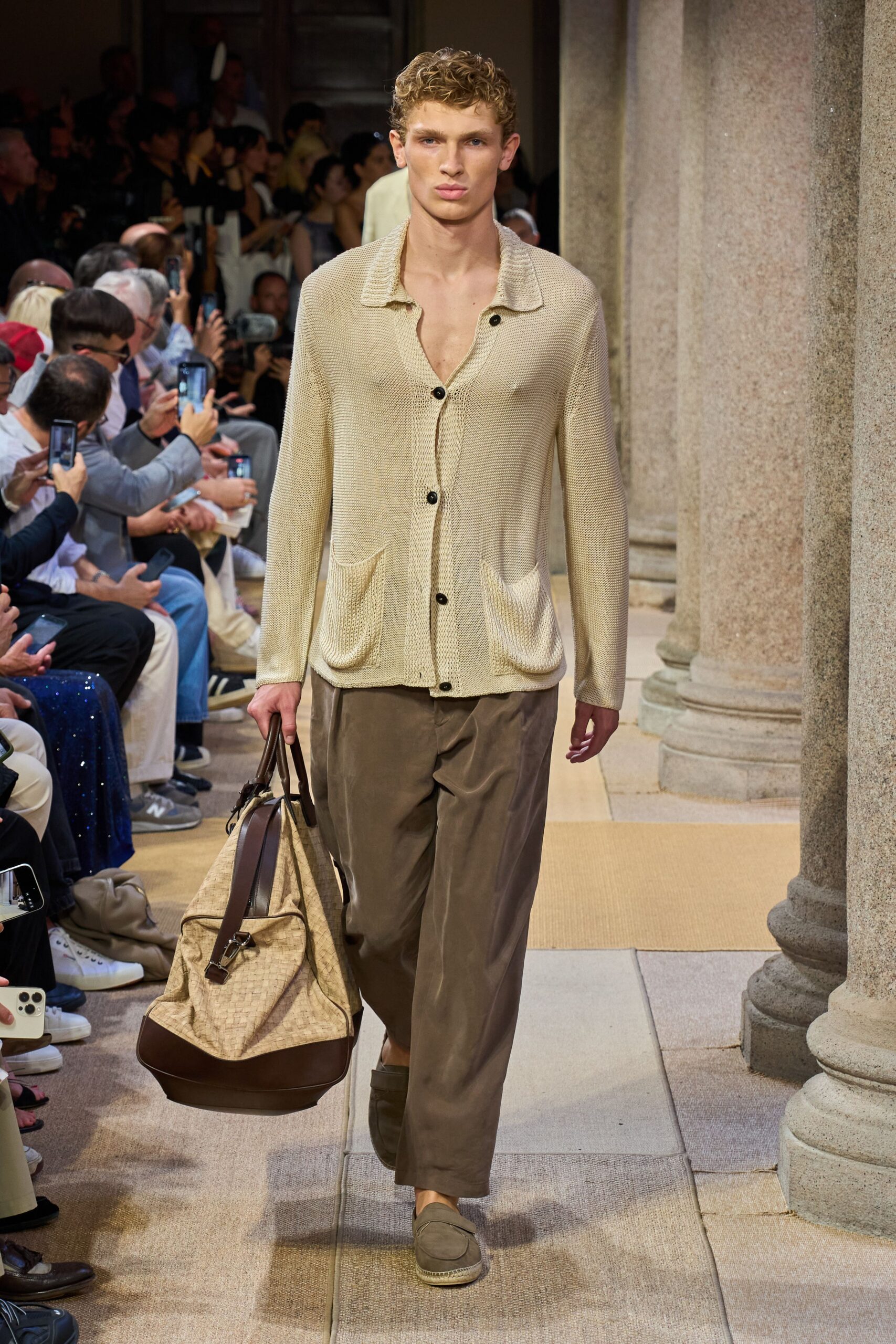beige cardigan brown pants