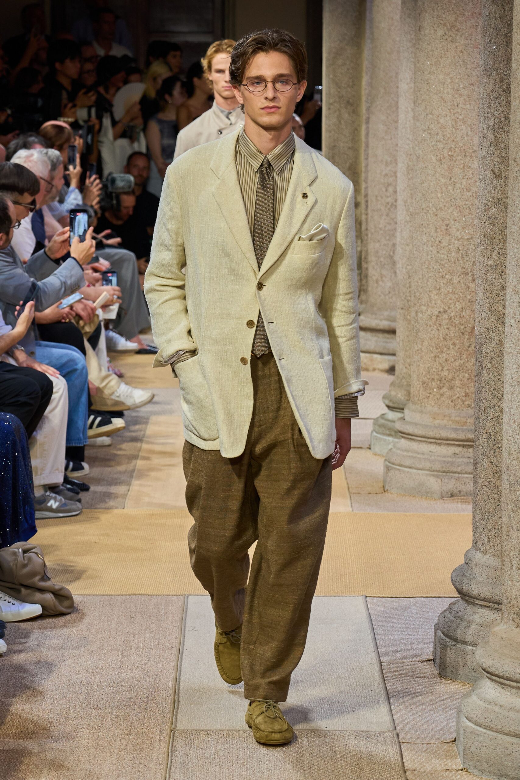 beige tailored blazer with brown pants