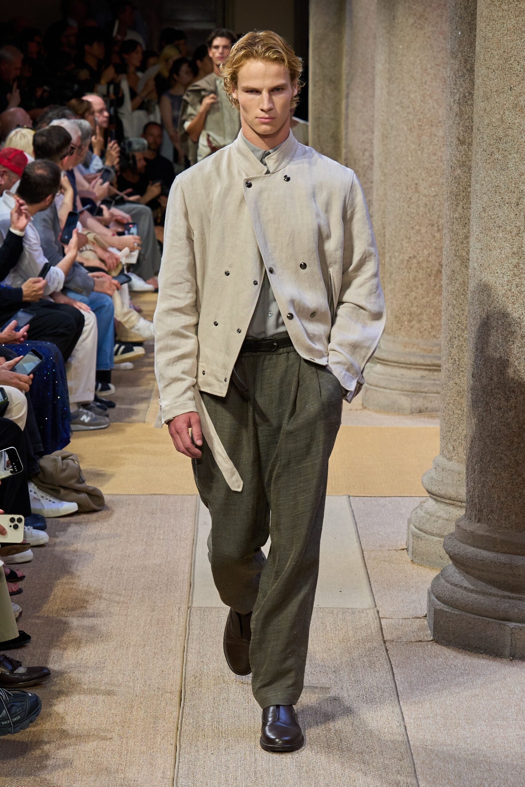 beige linen jacket gray pants