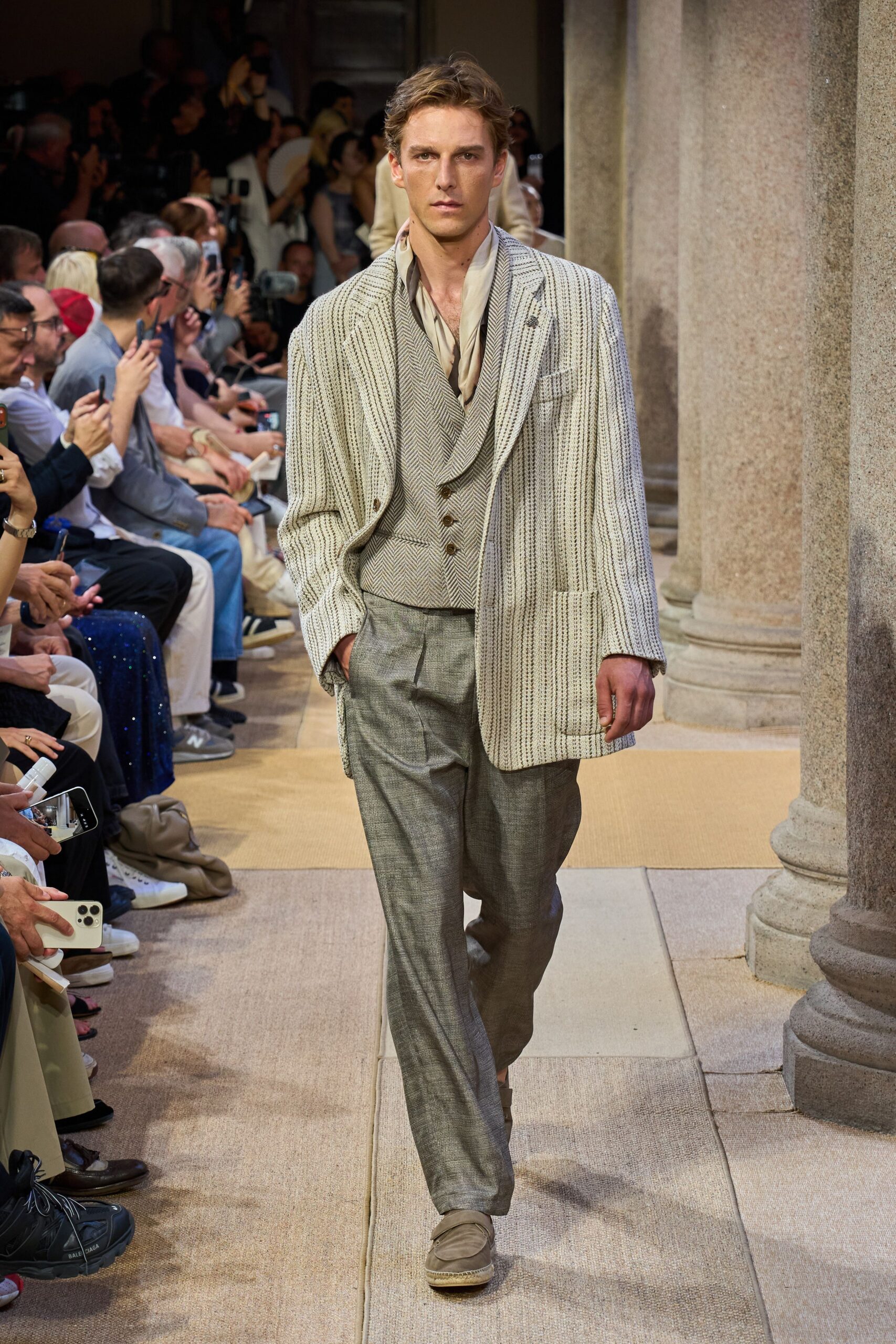 gray striped linen suit