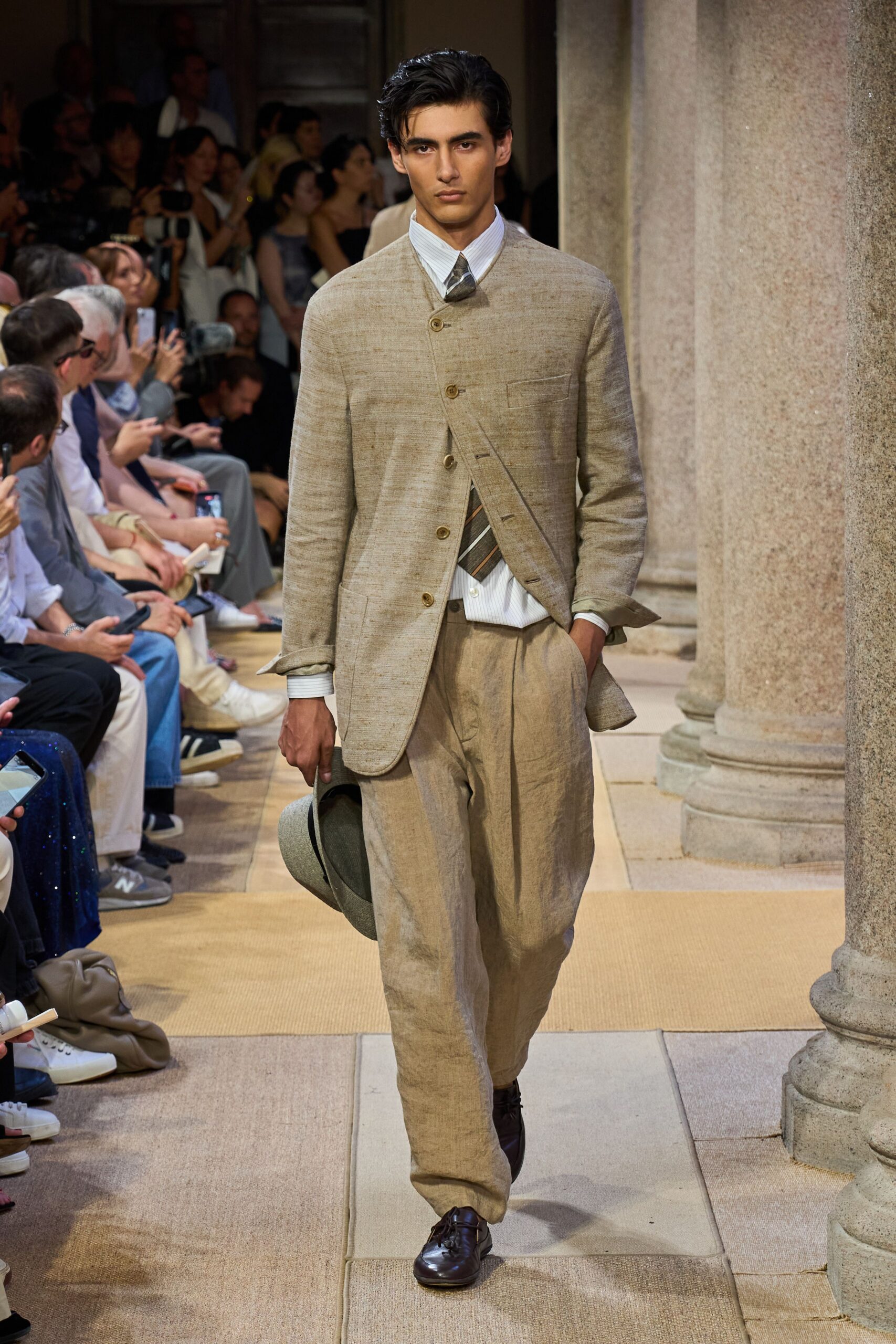 beige linen long-sleeve collared tailored buttoned blazer