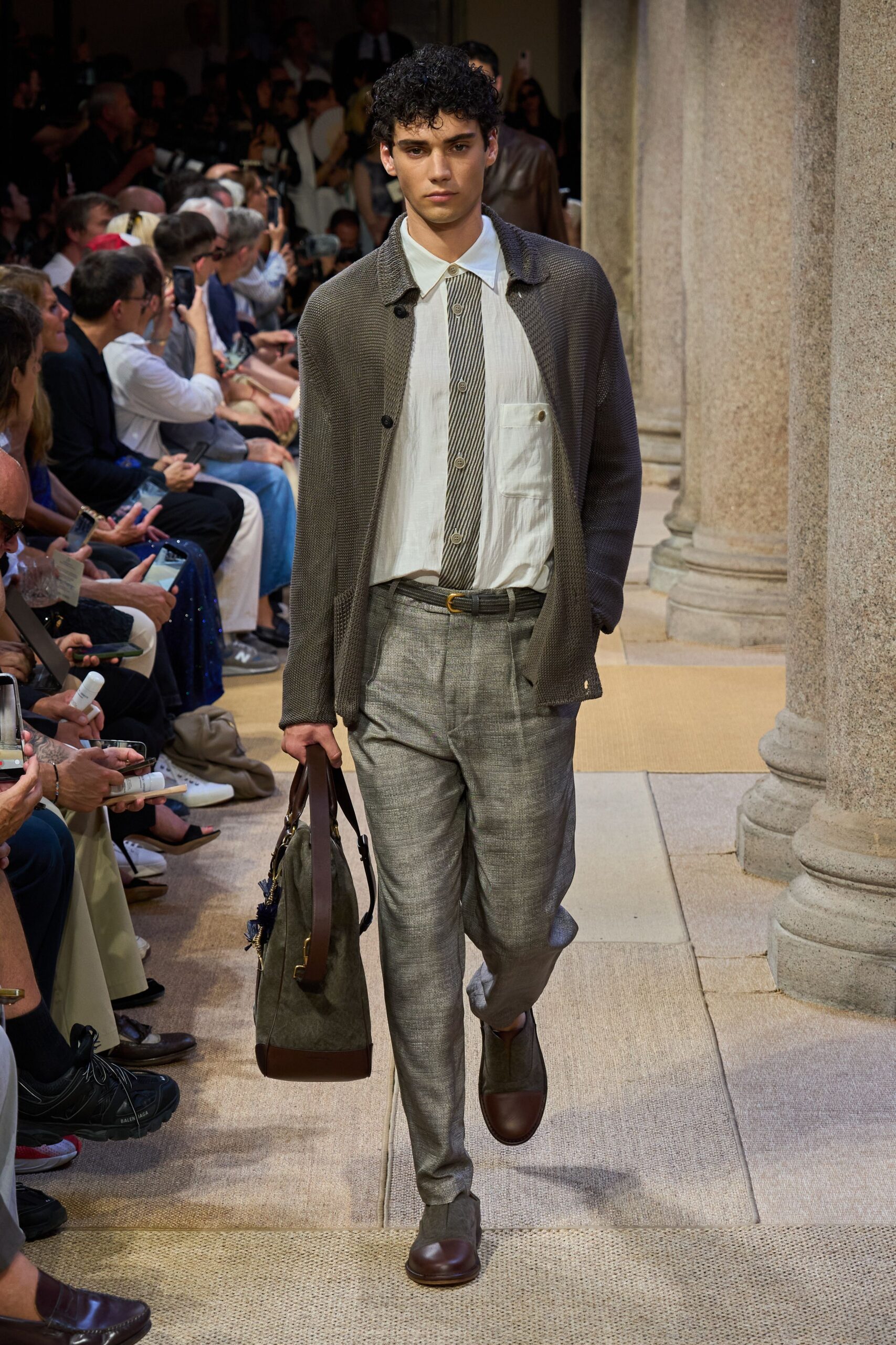 gray jacket white shirt tailored pants
