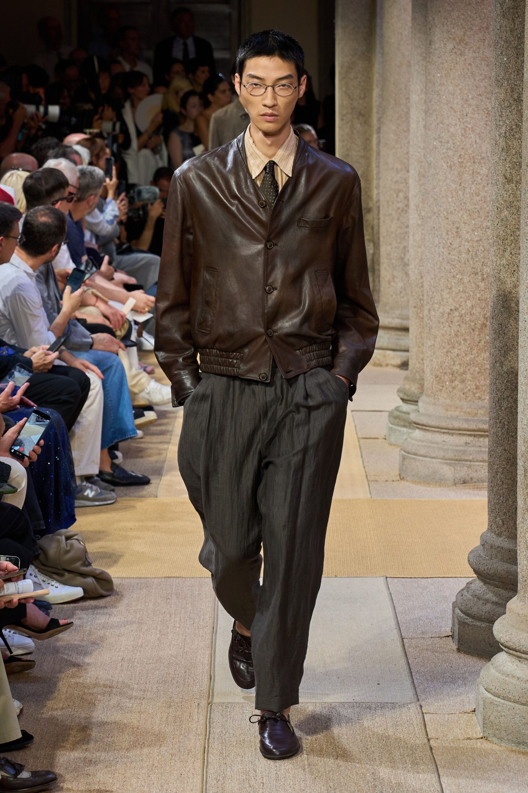 brown leather long-sleeve collared relaxed buttoned jacket