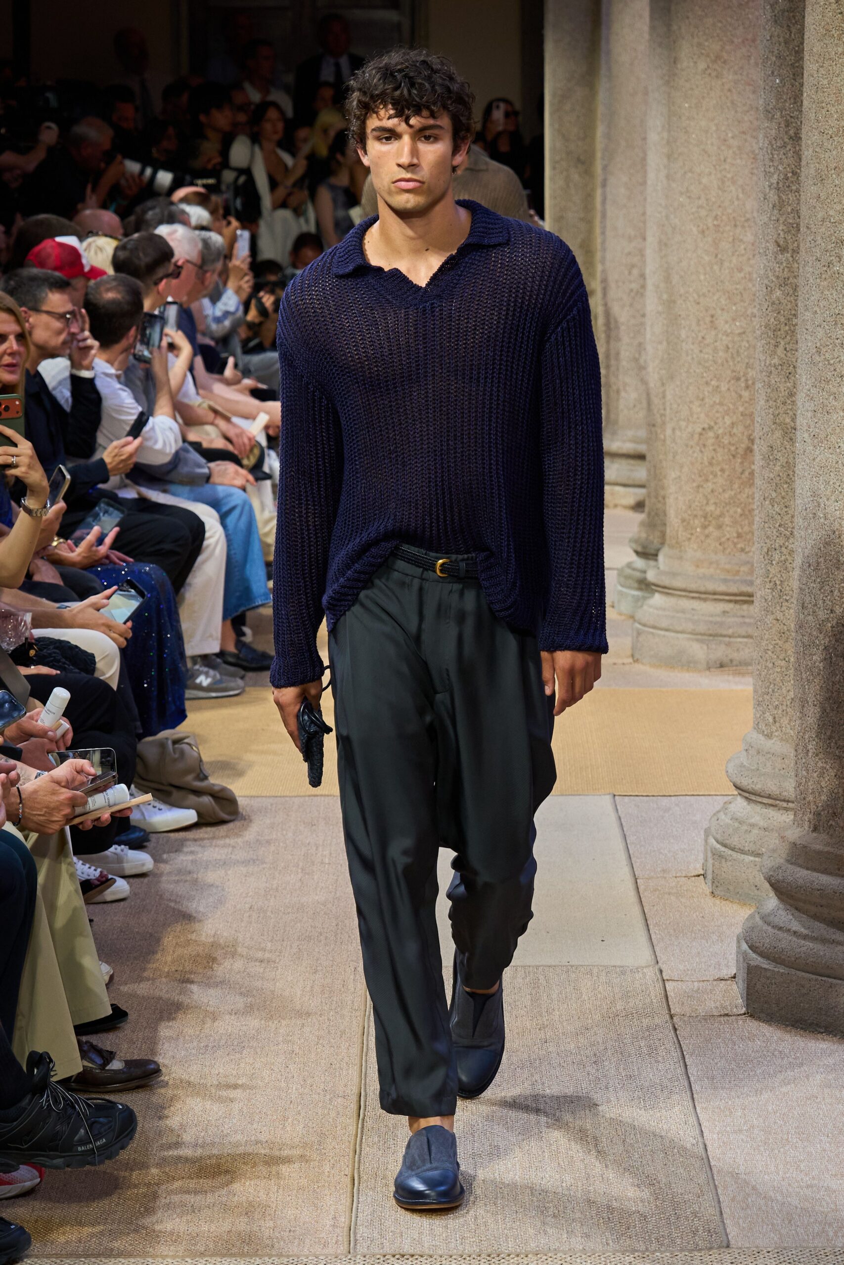 navy sweater black tailored pants