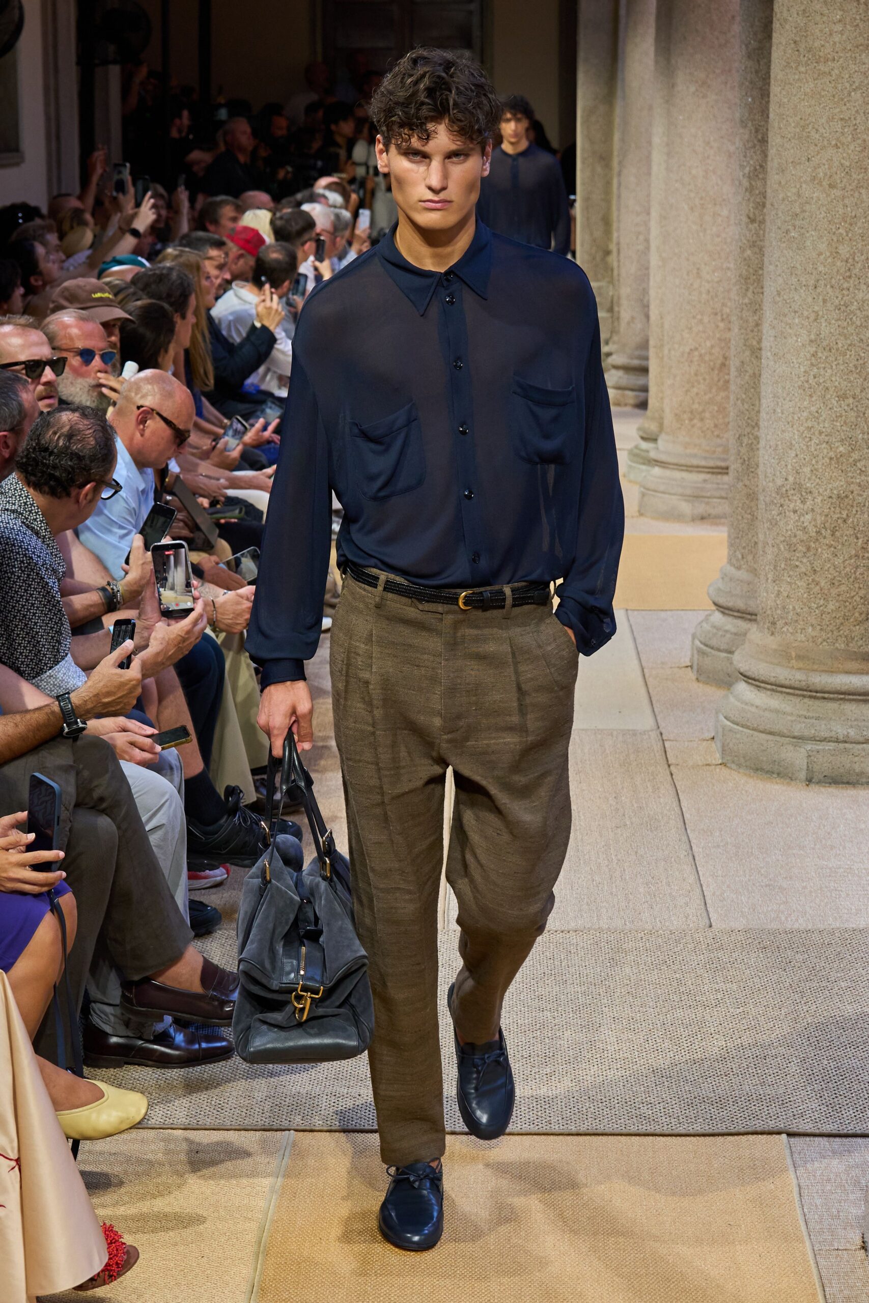 blue sheer shirt brown tailored pants