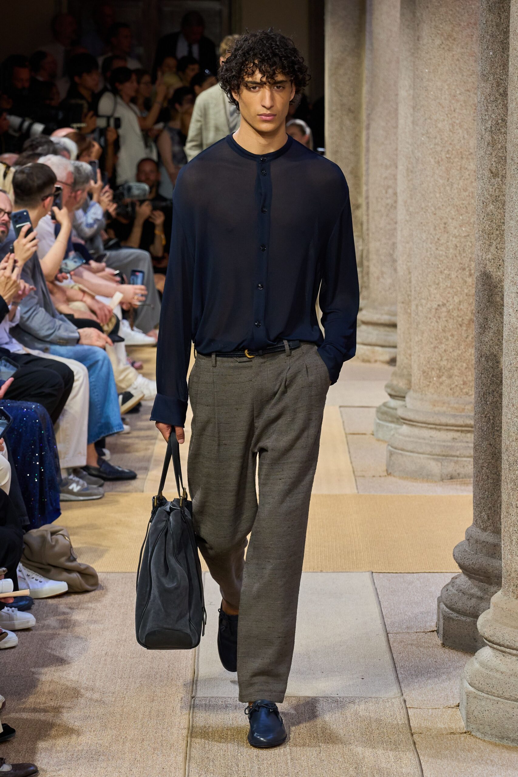 blue sheer shirt gray pants
