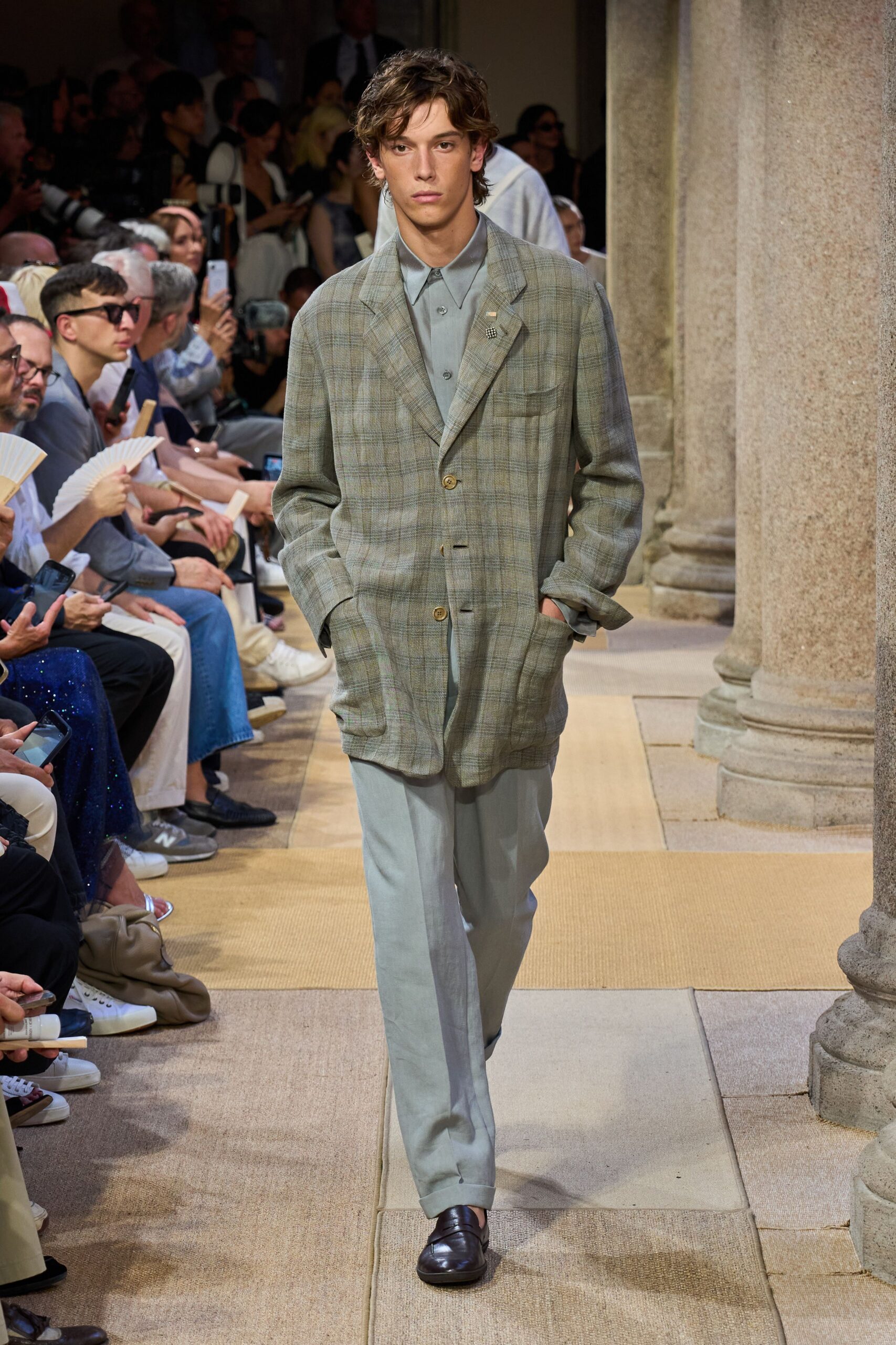 gray plaid blazer with blue shirt