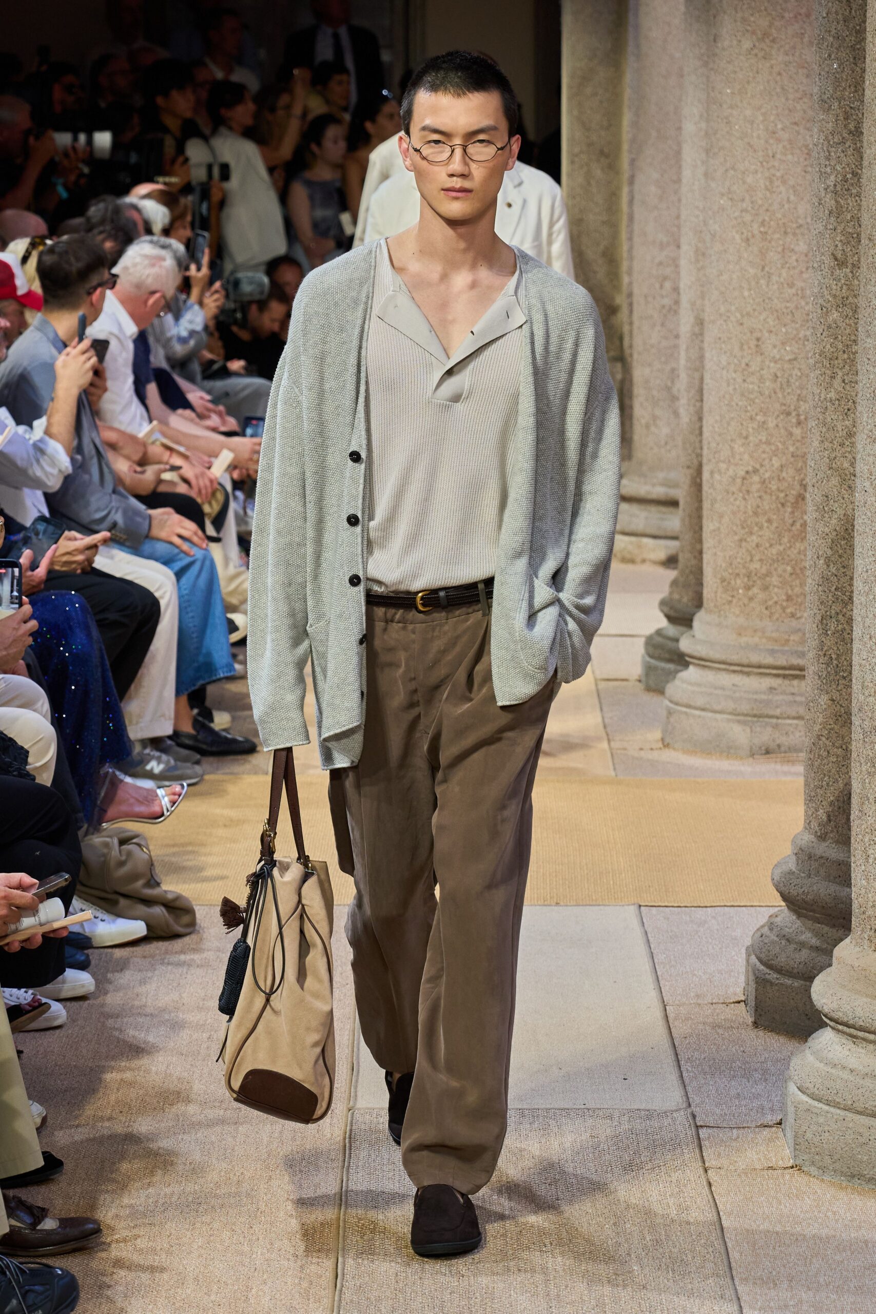 gray cardigan white shirt brown pants