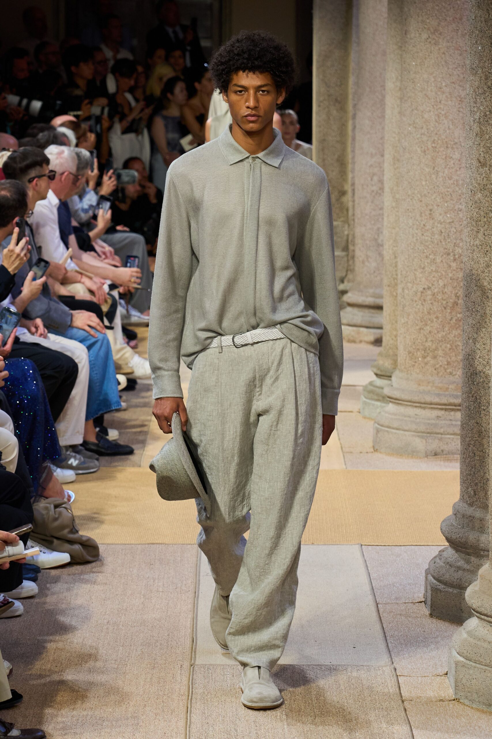 gray linen shirt and pants