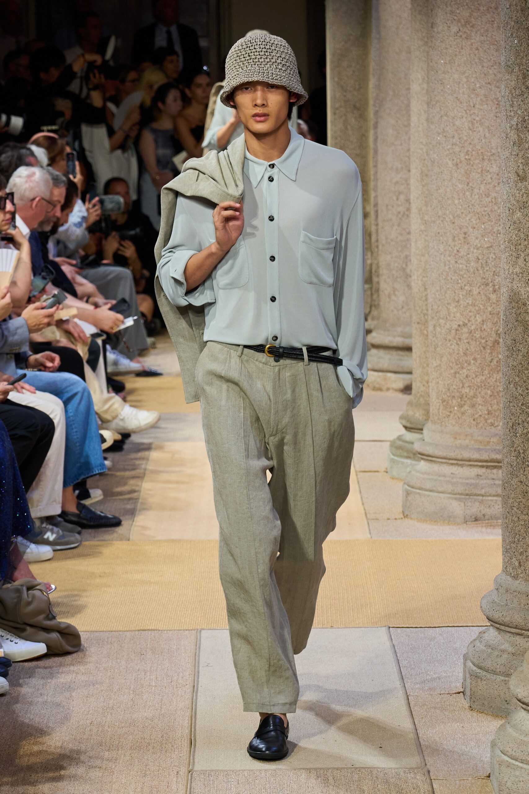 light blue shirt beige pants