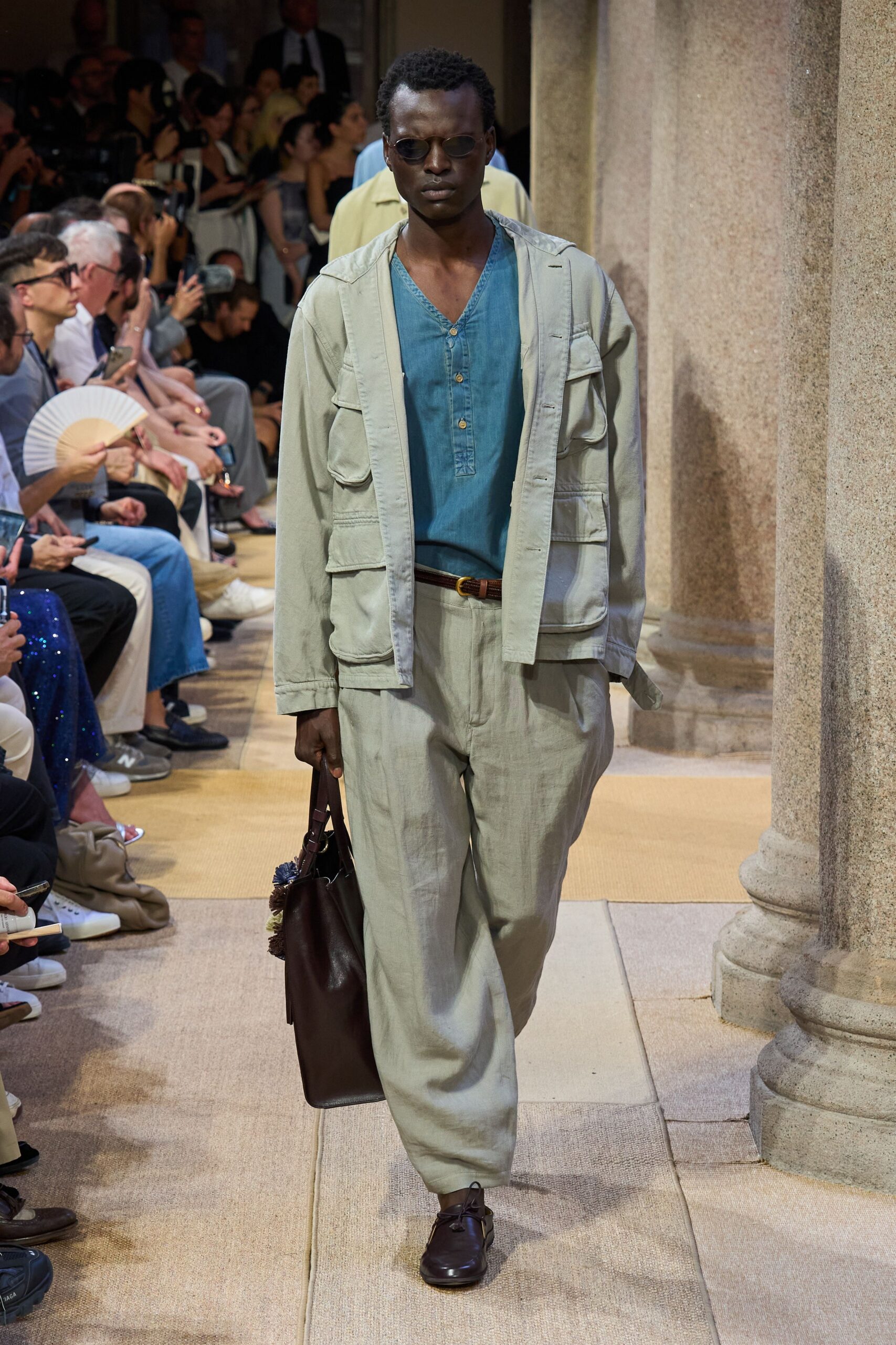 beige linen relaxed jacket with blue shirt