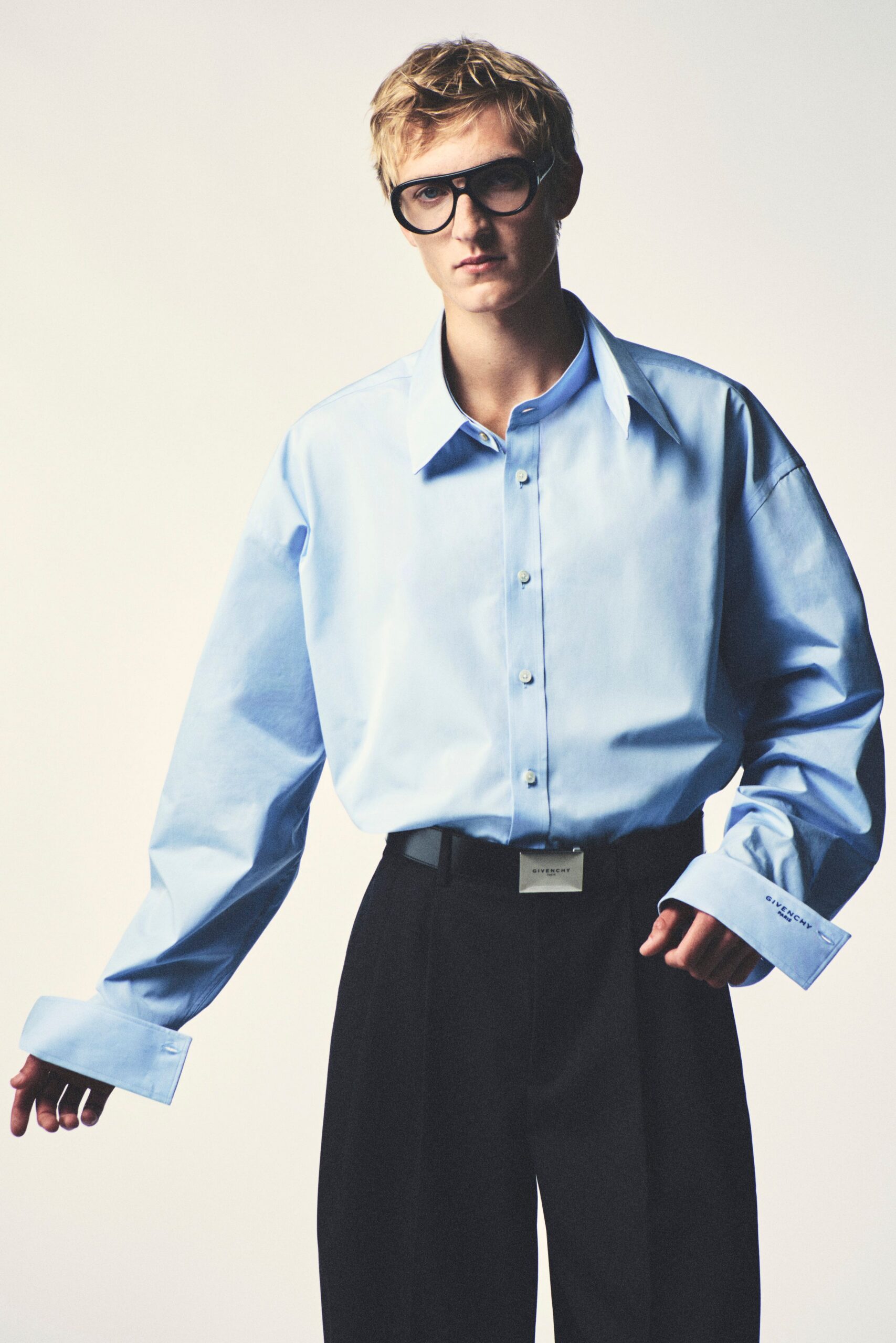 blue cotton long-sleeve collared oversized shirt