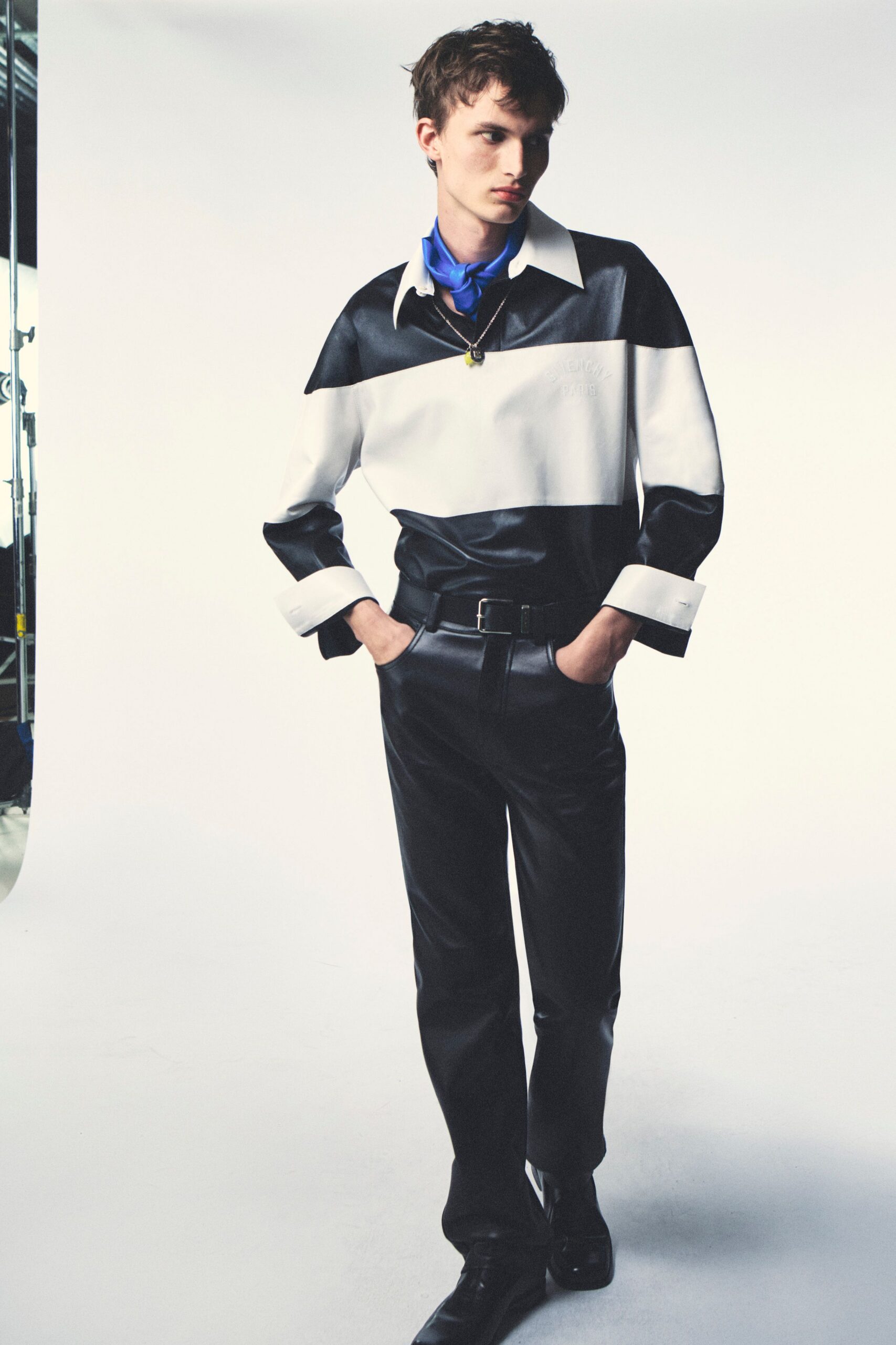 black leather long-sleeve collared fitted color-blocked shirt