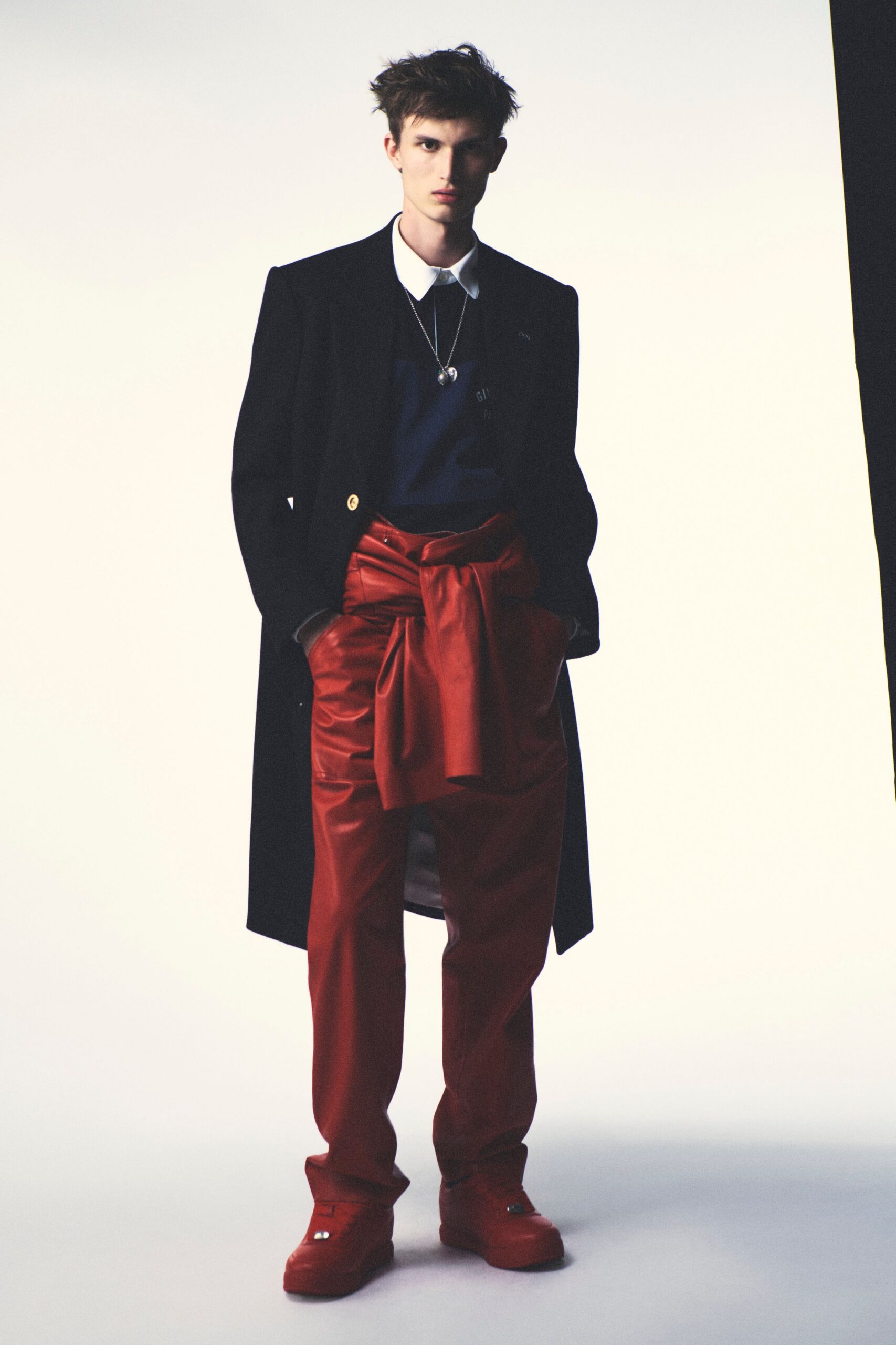 red silk relaxed pleated pants