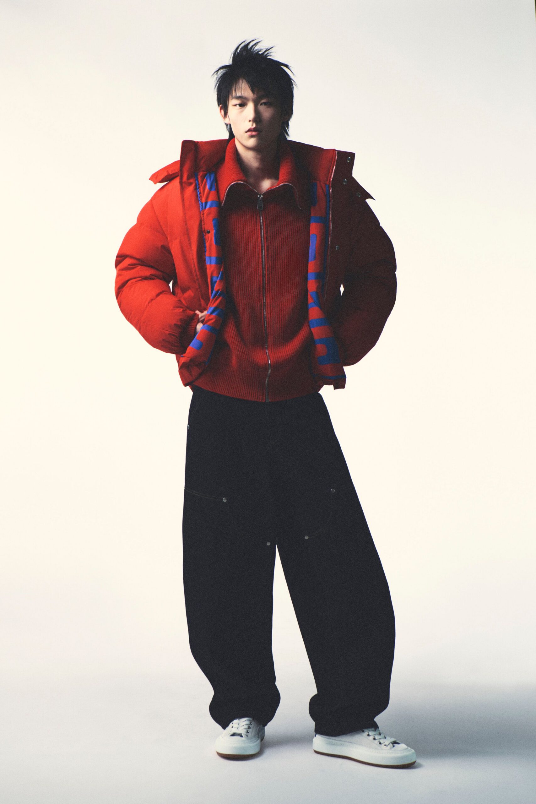 red cotton long-sleeve collared relaxed jacket