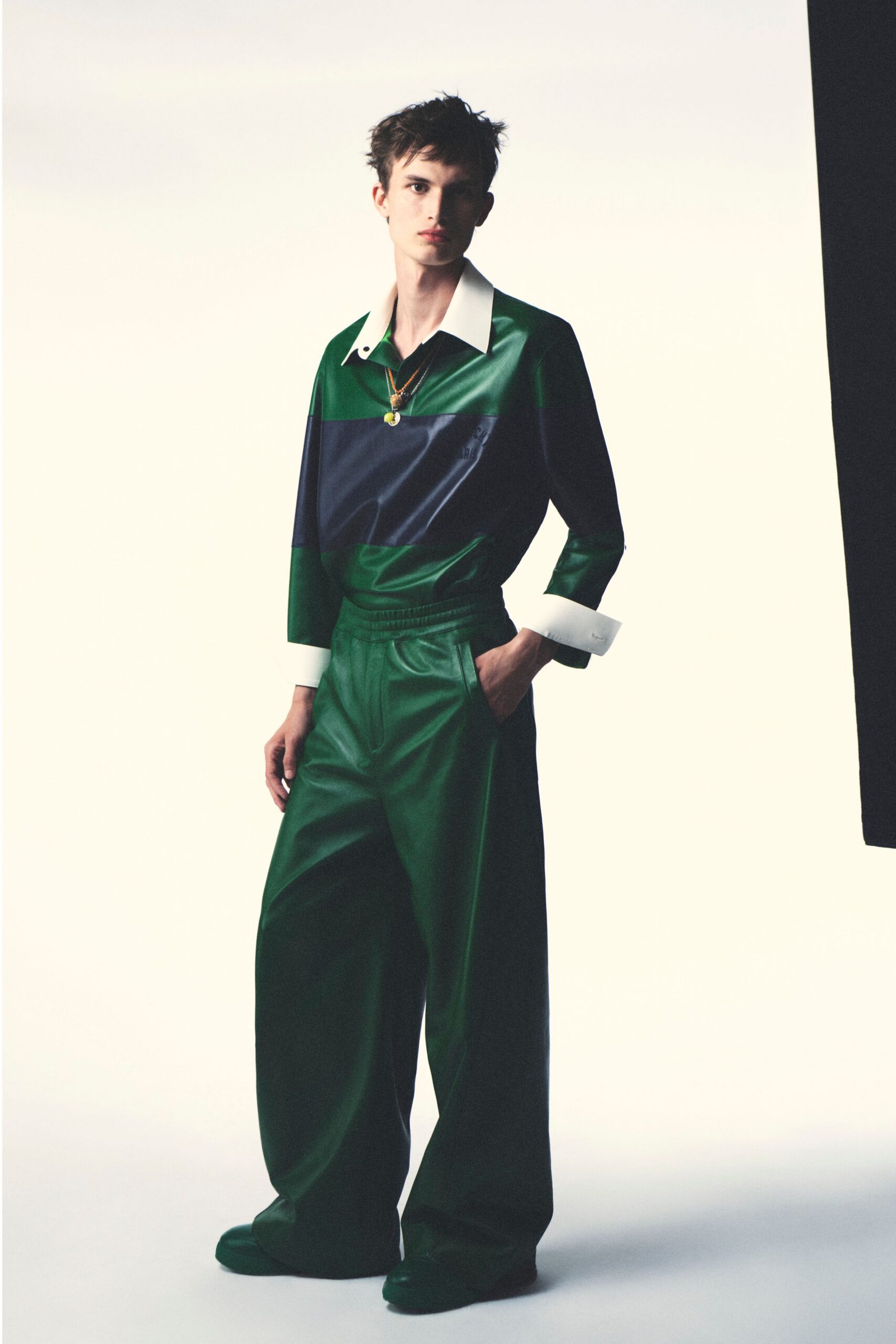 green silk relaxed wide-leg pants