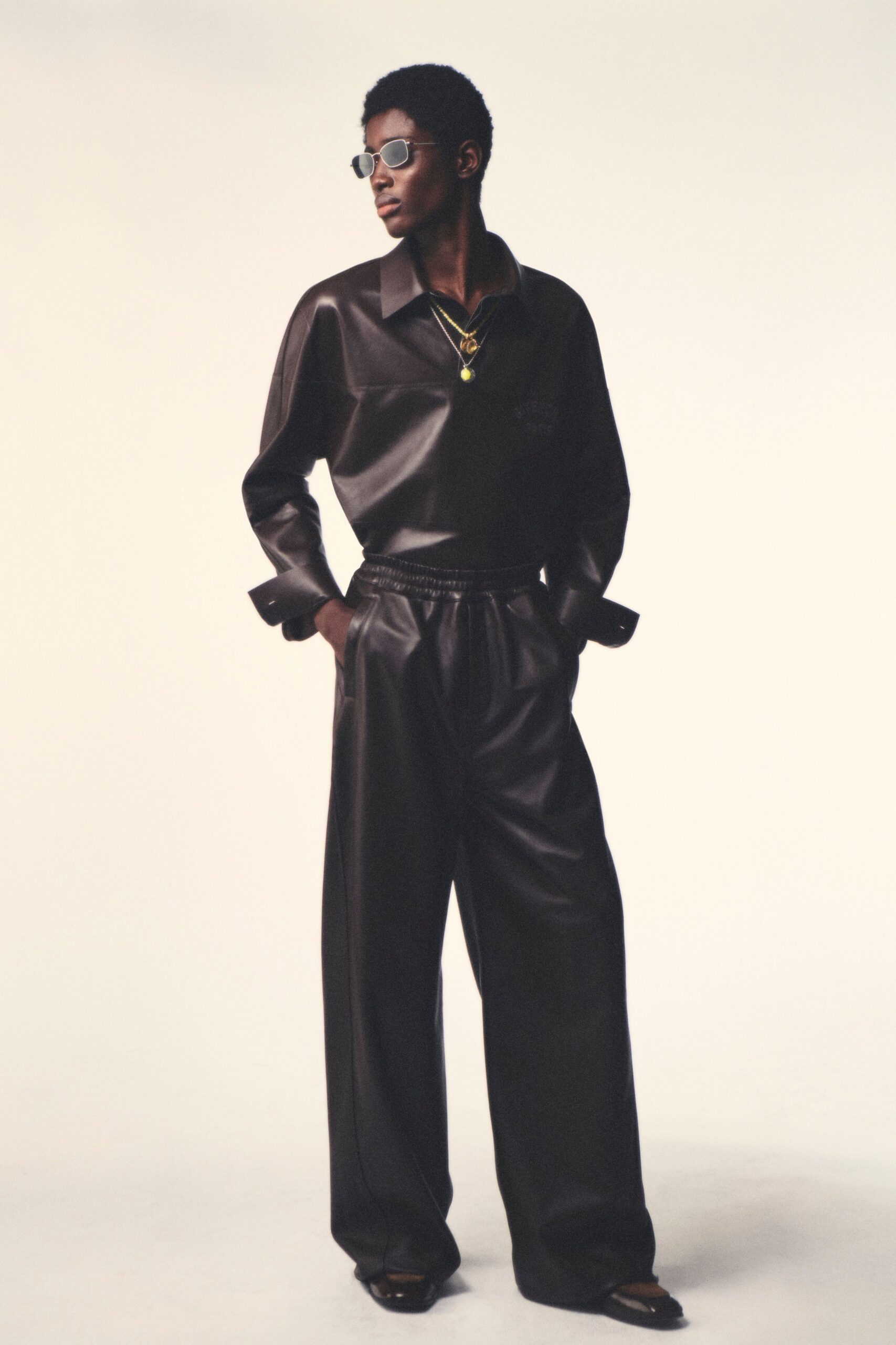 black leather long-sleeve collared relaxed shirt
