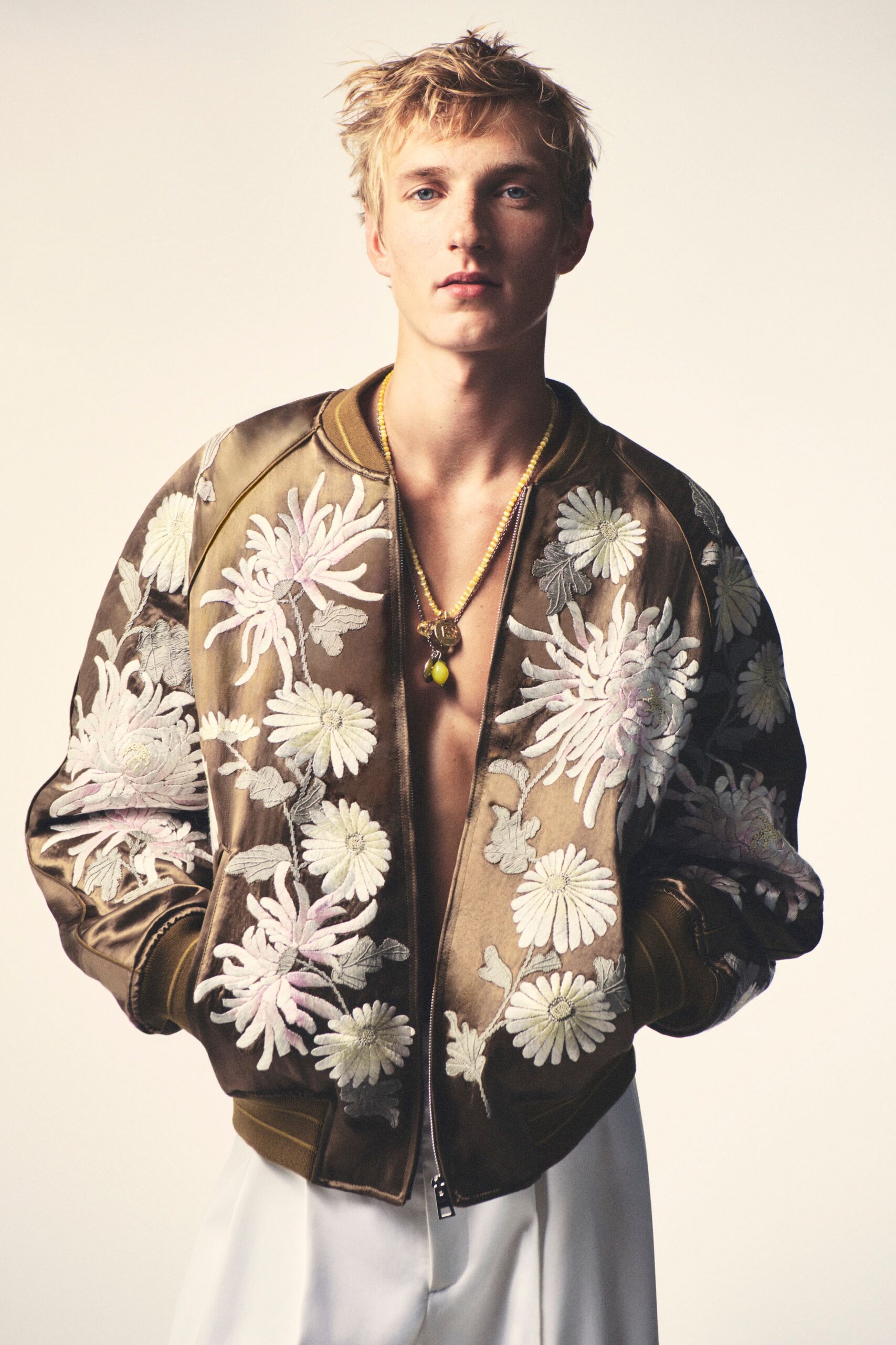 brown silk long-sleeve collared relaxed embroidered jacket