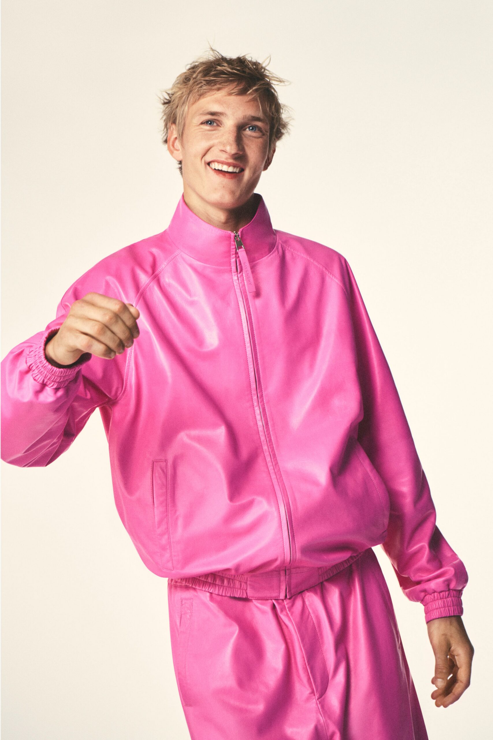 pink vinyl long-sleeve collared relaxed jacket