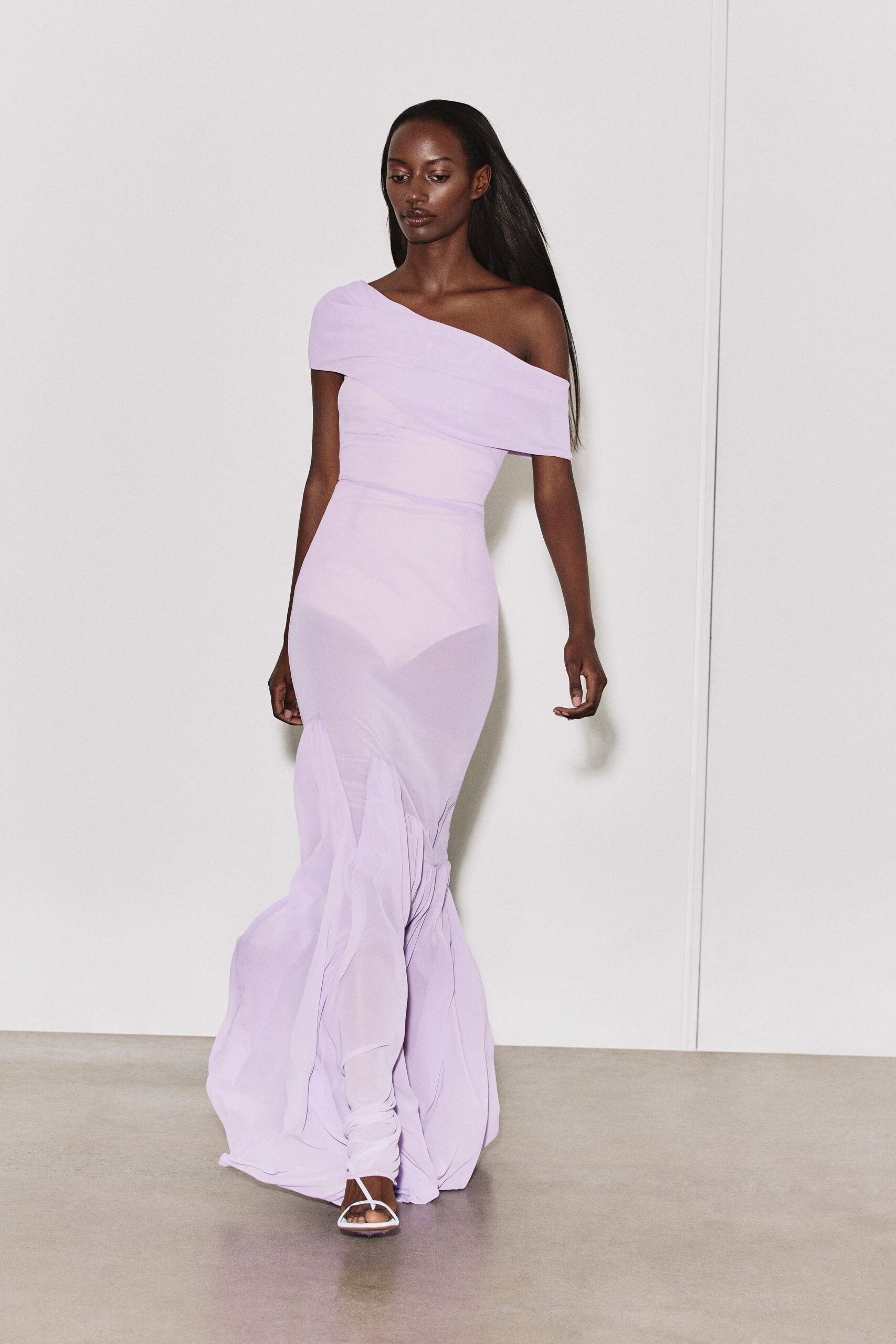 lavender chiffon off-shoulder fitted flowing maxi gown